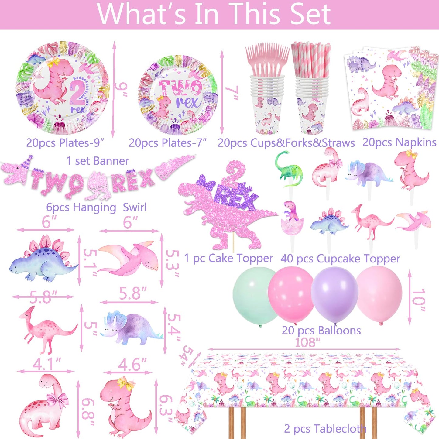 211 Pcs Dinosaur 2nd Birthday Party Supplies, Girl Dino Two Rex Birthday Decorations, 20 Serves Include Paper Plates, Cups, Napkins, Tablecloth, Cake
