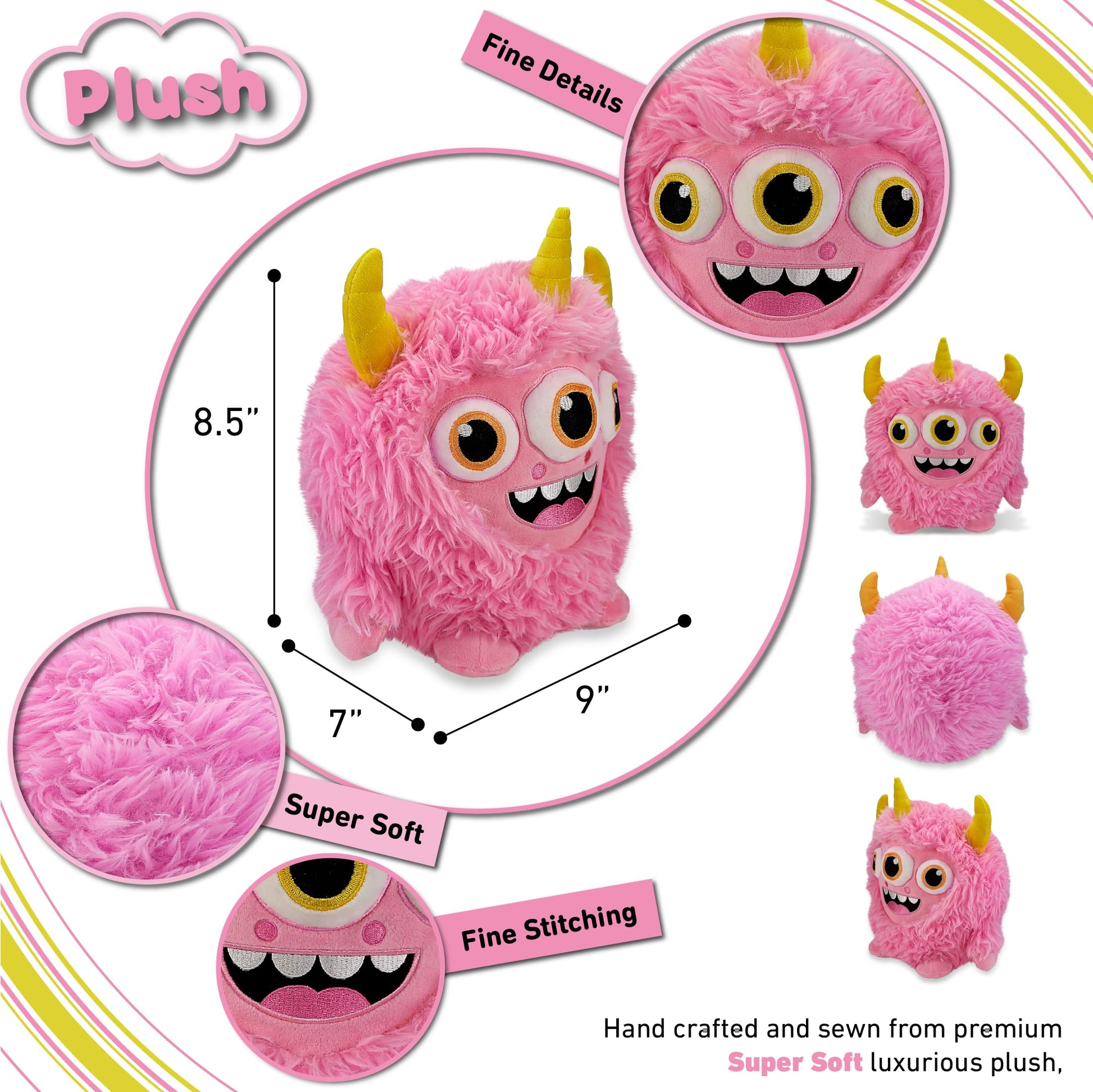 DolliBu Pink Monster Fuzzy Plush - Super Soft Stuffed Animal Monster, Cute Realistic Stuffed Animal Toy for Boys and Girls, Adorable Plush Creature