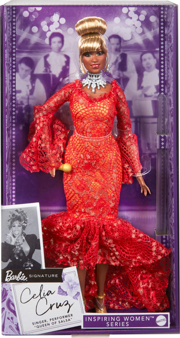 Barbie Inspiring Women Doll, Celia Cruz Queen of Salsa in Red Lace Dress with Golden Microphone, Collectible with Doll Stand & Certificate of