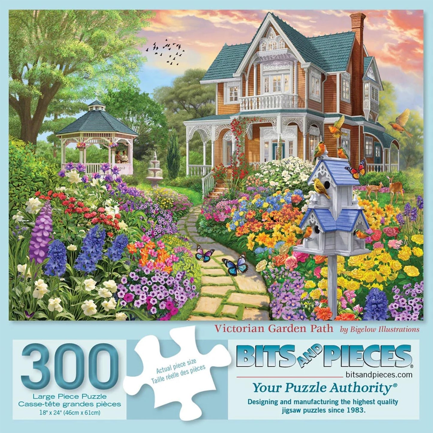 Bits and Pieces 300 Piece Puzzles for Adults 300 Large Pieces 18" x 24" Jigsaw Puzzles, Flowers Birds Gazebo, Random Die Cut, No 2 Pieces Alike