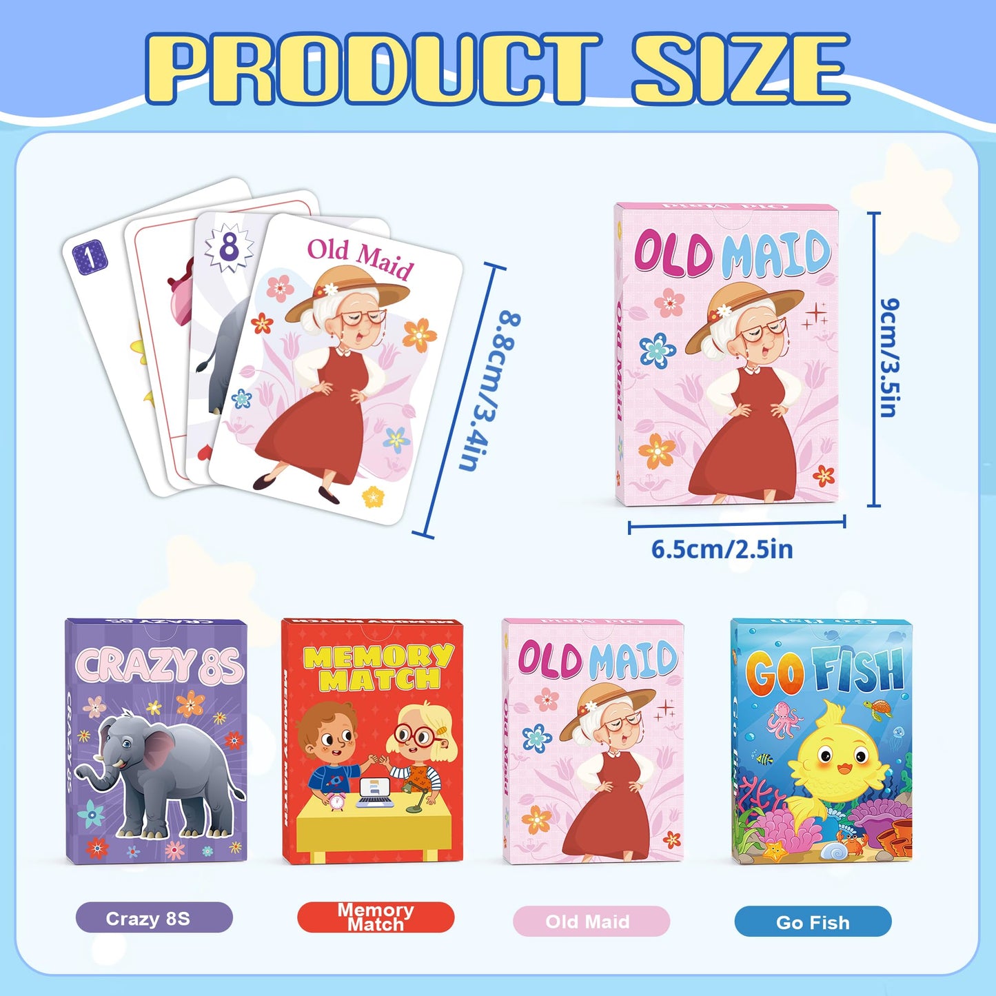 Kids Card Games, Go Fish, Old Maid, Memory Match and Crazy 8s, Go Fish Card Game for Kids 4-8, Fun Toddler Card Games for Family Game Night Party