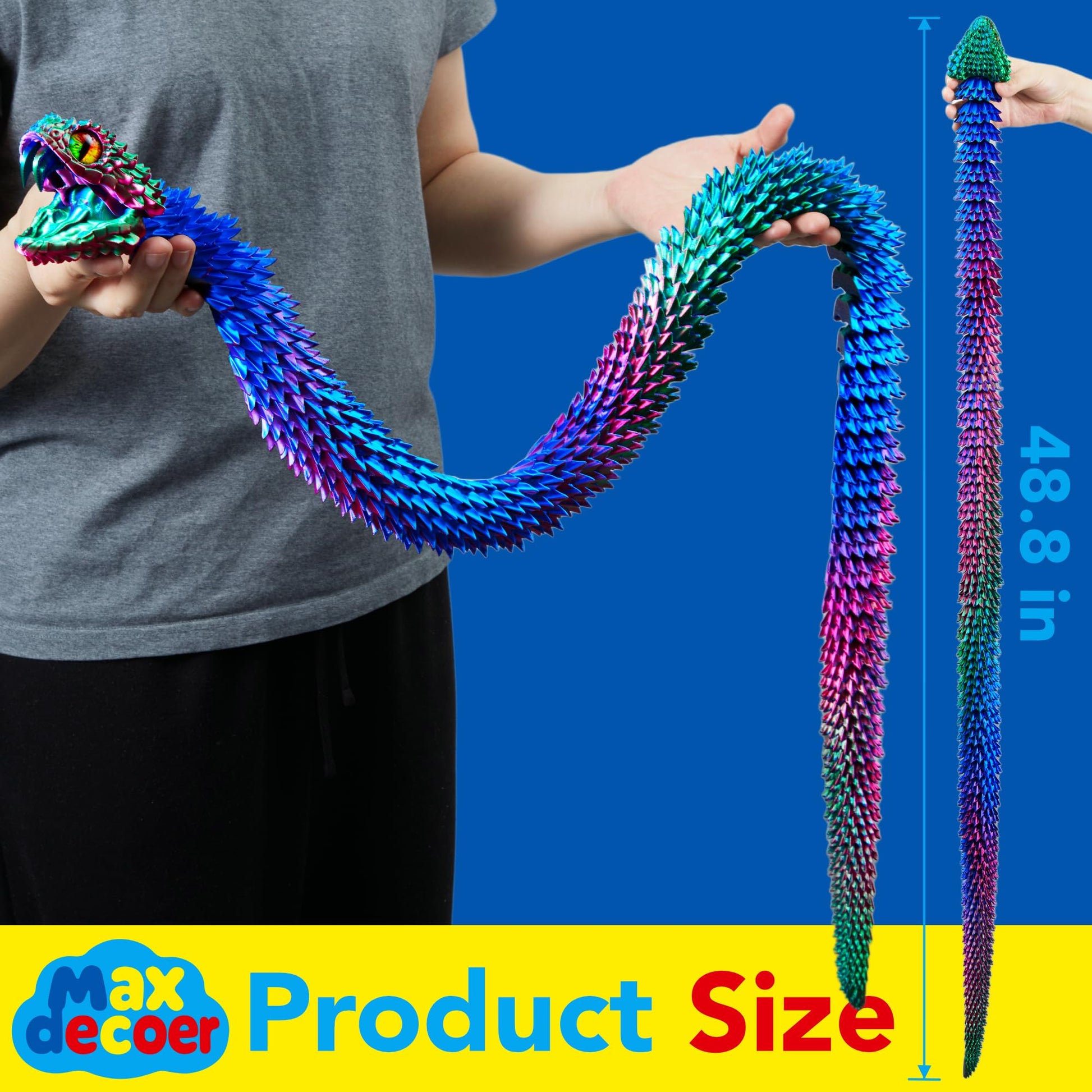 Maxdecoer 48.8" Articulated Snake Toy, 3D Printed Flexible Jointed Serpent, Openable Jaw & Movable Teeth, Color-Shift Desk Fidget, Reptile Decor