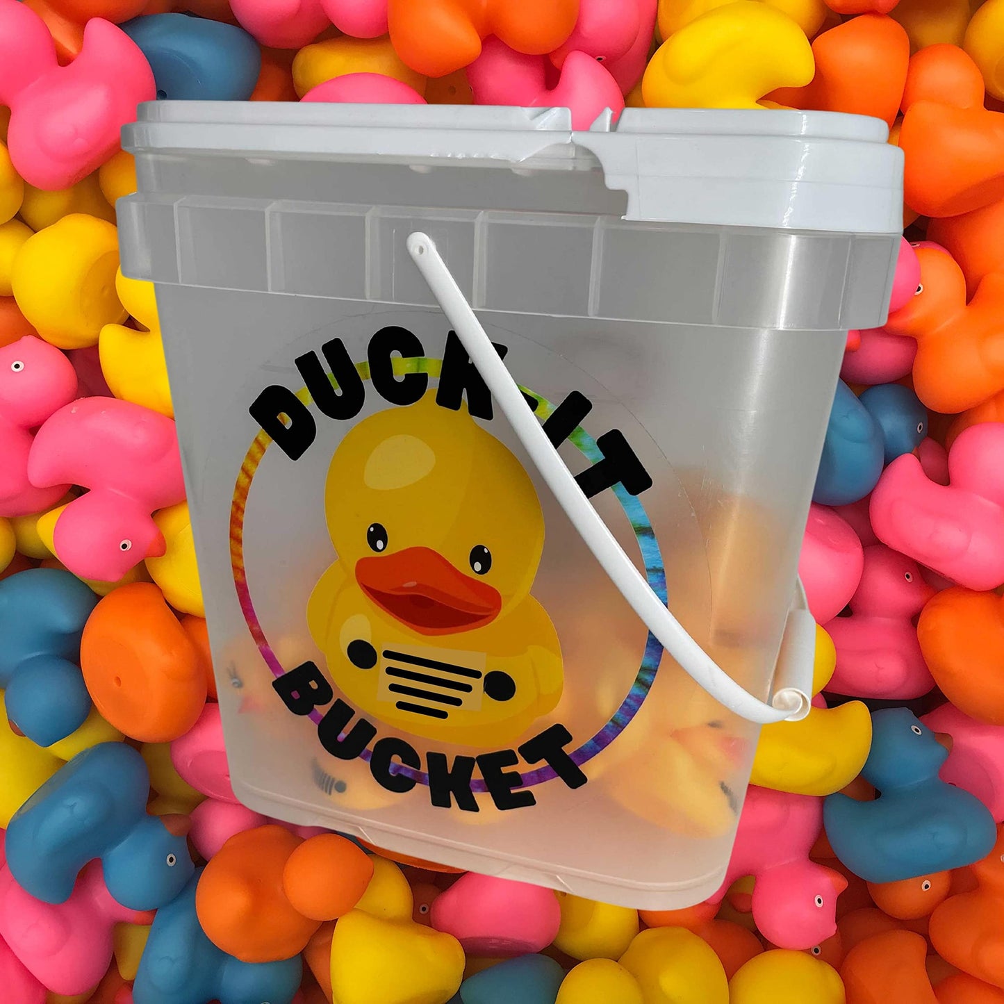 Duck Bucket Sticker | 7" Inch Round Sticker | Add to You Bucket of Duck Duck Tags and Rubber Ducks | Clear Background Rubber Duck Design