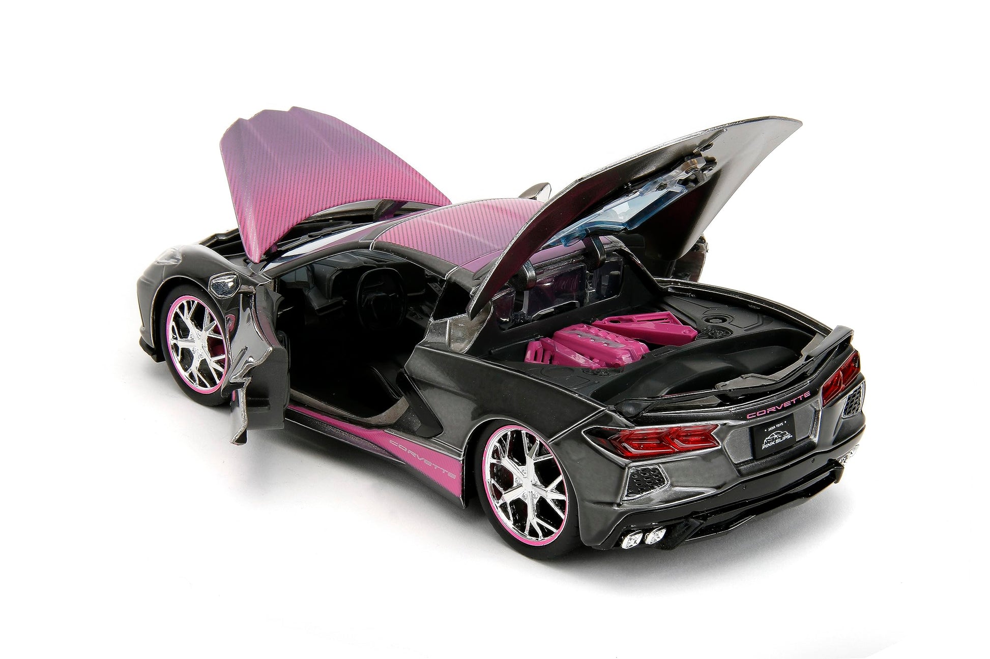 Jada Pink Slips 1:24 W2 2020 Chevy Corvette Stingray Die-Cast Car w/Base, Toys for Kids and Adults(Metallic Grey/Pink)