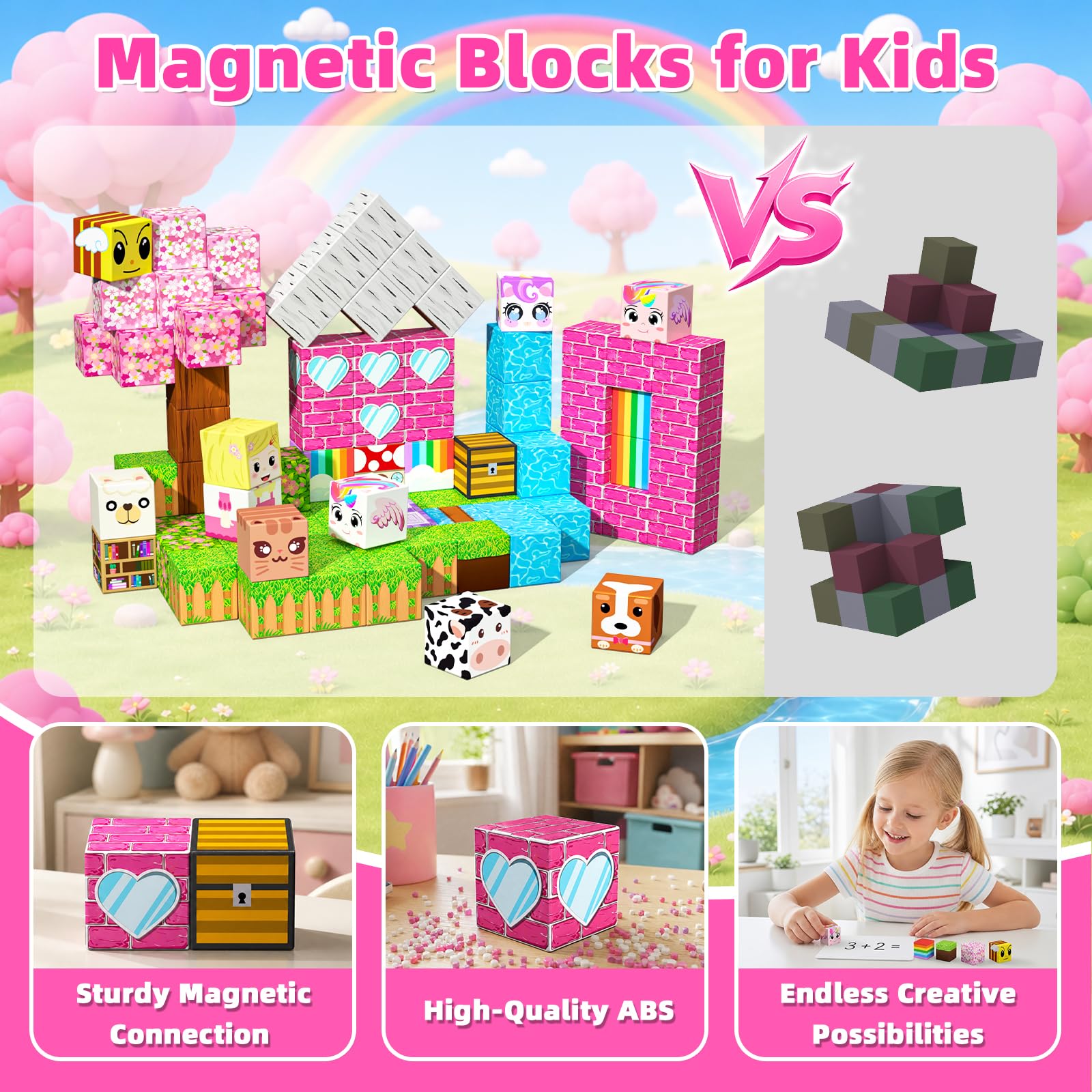 100PCS Magnetic Blocks, Magnetic Building Cube Set for Kids Ages 3+, Constructions STEM Stacking Tiles Toy Building Birthday Gifts for Girls