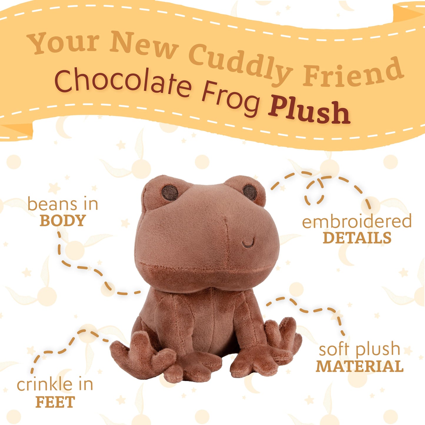 Kids Preferred Harry Potter Chocolate Frog Plush Stuffed Animal with Embroidered Details, Brown Minky Fabric, and Beans in Bottom, Hogwarts