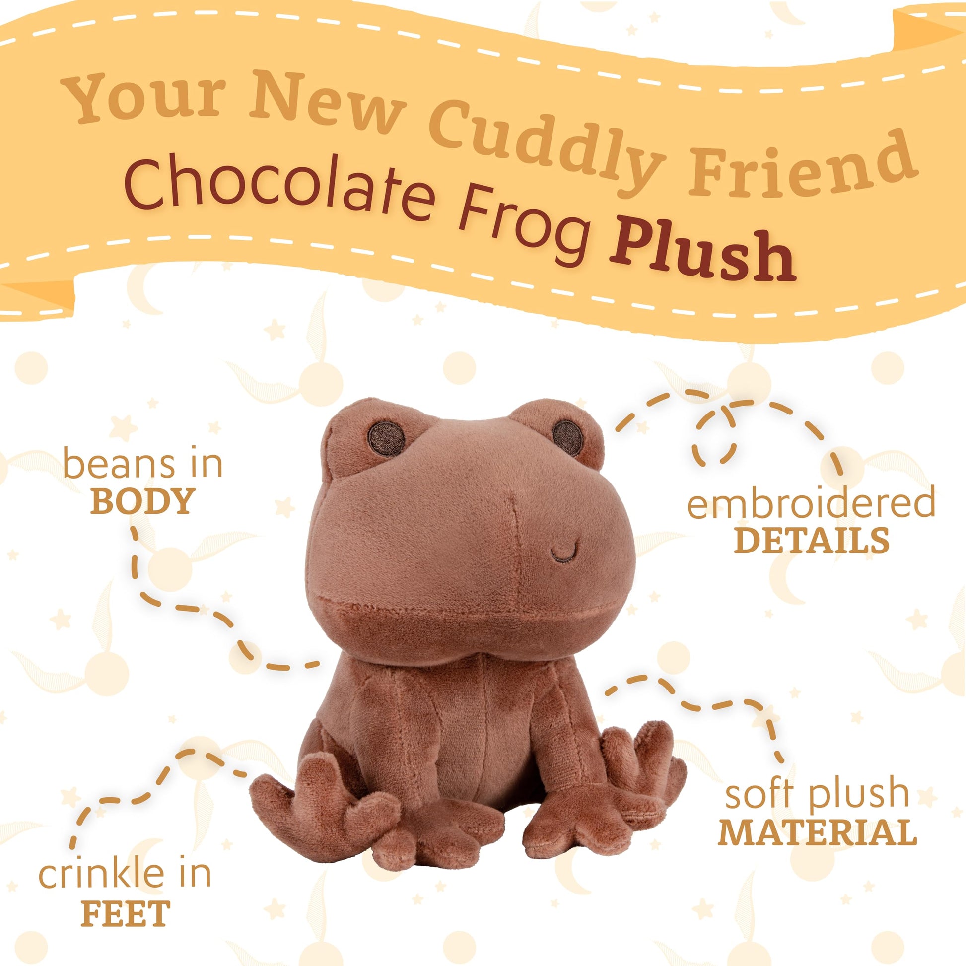 Kids Preferred Harry Potter Chocolate Frog Plush Stuffed Animal with Embroidered Details, Brown Minky Fabric, and Beans in Bottom, Hogwarts