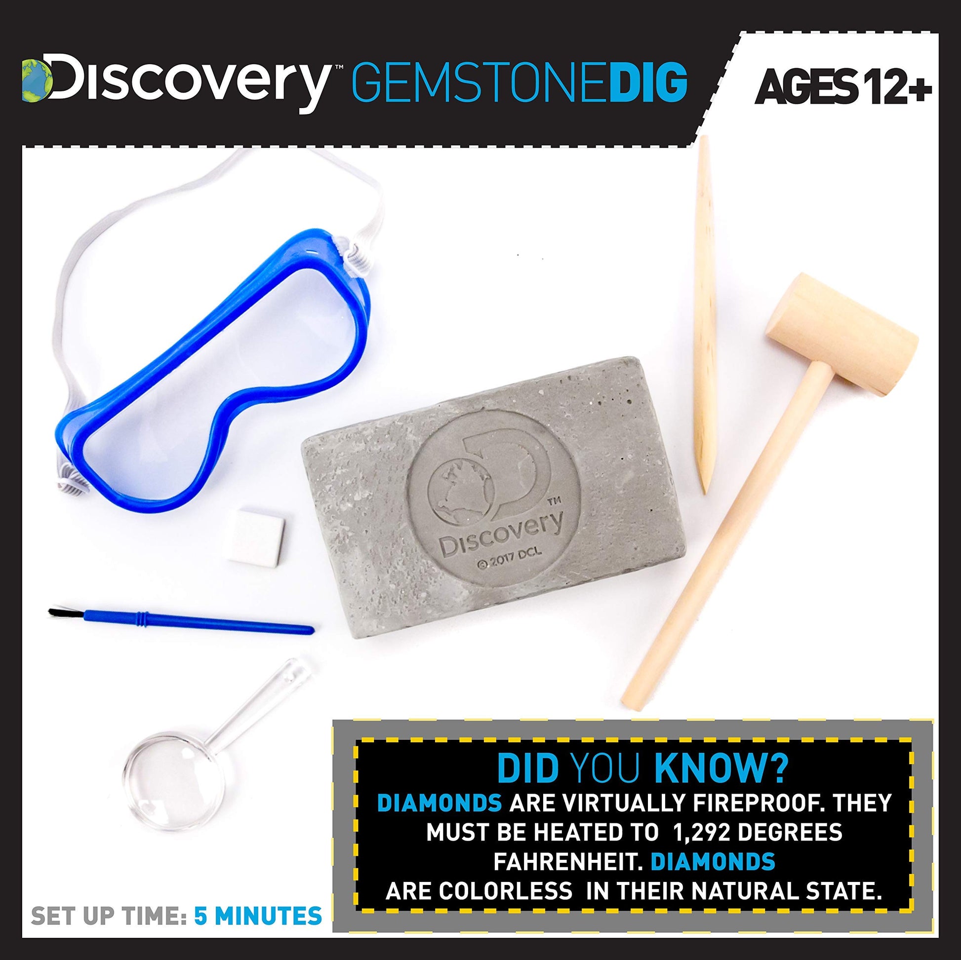 Discovery Kids Gemstone Dig Stem Science Kit by Horizon Group Usa, Excavate, Dig & Reveal 11 Real Gemstones, Includes Goggles, Excavation Tools