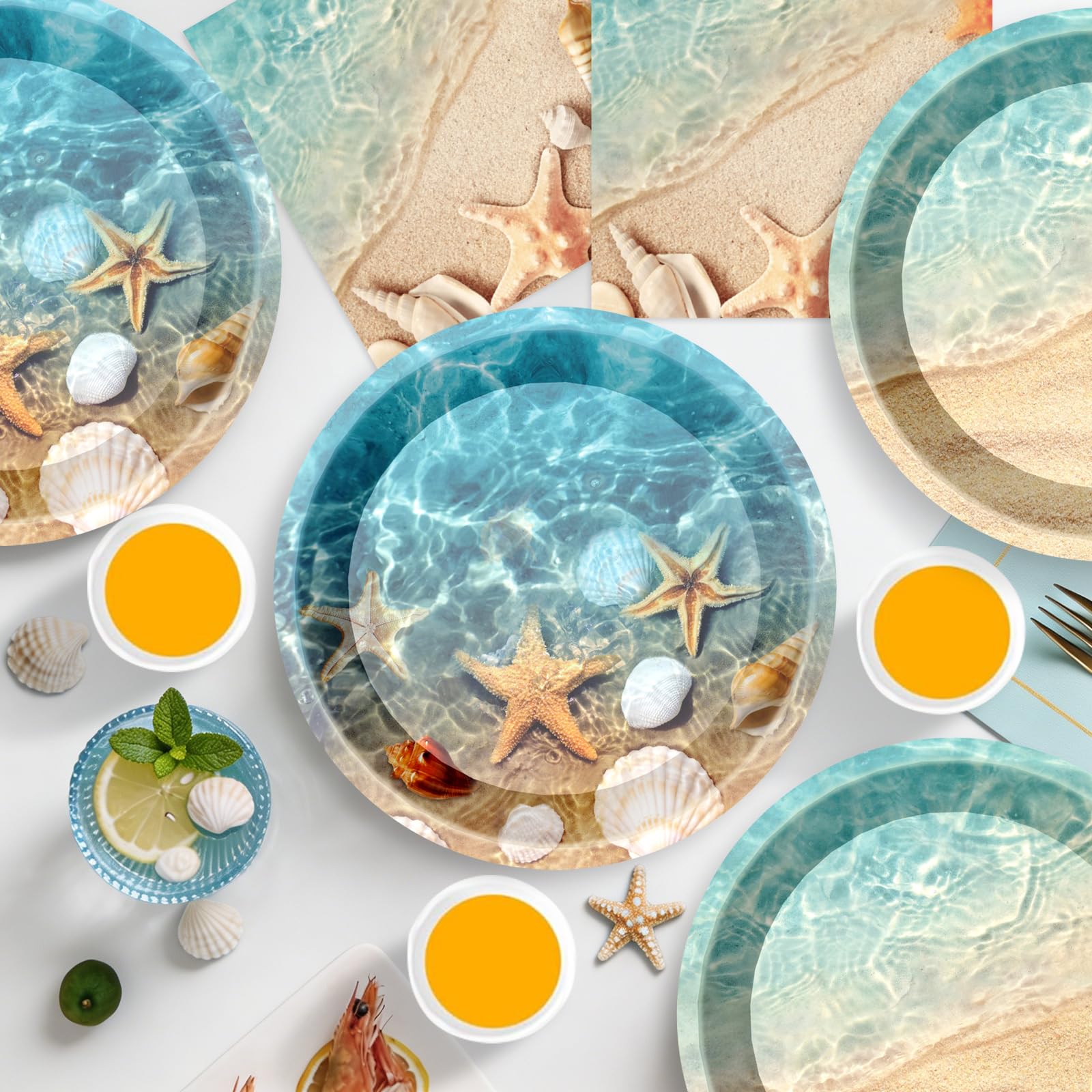 Ocean Beach Party Supplies Tableware with Seashell Paper Plates Napkins Cups Tablecloth Banner for Beach Themed Party Decorations, Serves 24