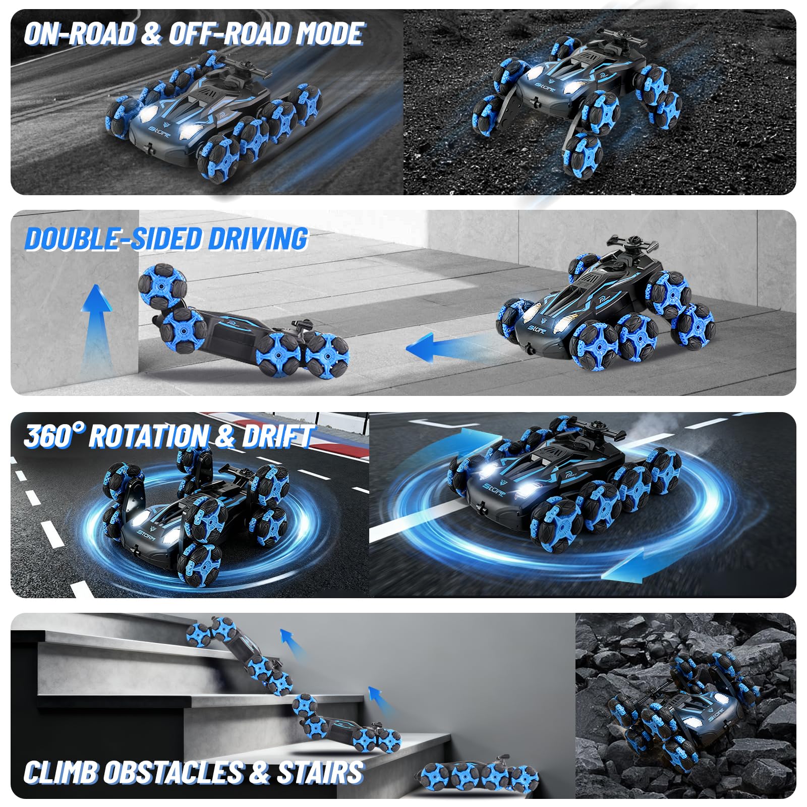 MOMONOVA 8WD Remote Control Stunt Car with Music Light Mist Spray, RC Drift Car Toys for Kids 6+, 2.4GHz Remote, Double Sided Driving, 360° Spins