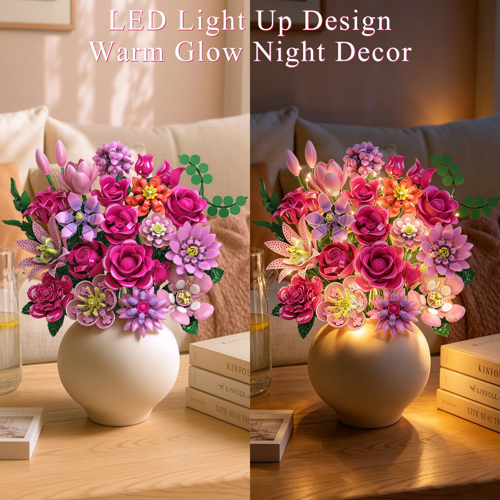 Utbttor LED Flower Bouquet Building Set, 23 Styles Artificial Botanical Blocks, 924 PCS DIY Flower Collection Table Decor Gift for Women & Girls