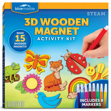 Blue Marble Wooden Magnet Craft Kit - Create & Paint 15 Nature-Themed Magnets with 8 Watercolor Pens, Magnet Art Kit, DIY Magnets for Kids, Magnet