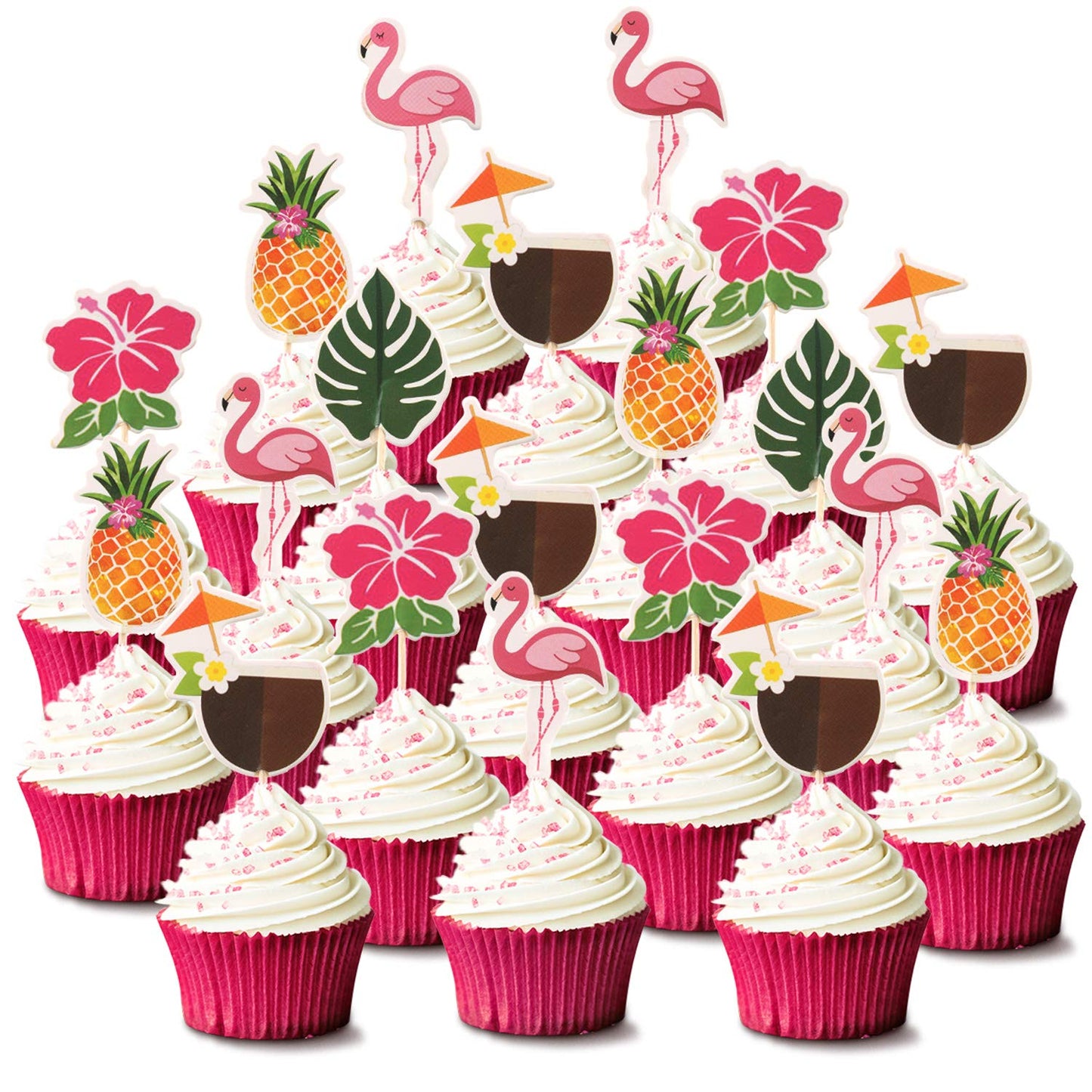 Maitys 72 Pcs Luau Cupcake Toppers Tropical Cake Decorations Hawaiian Toothpicks with Flamingo Pineapple Palm Leaves Shape Picks for Summer Beach