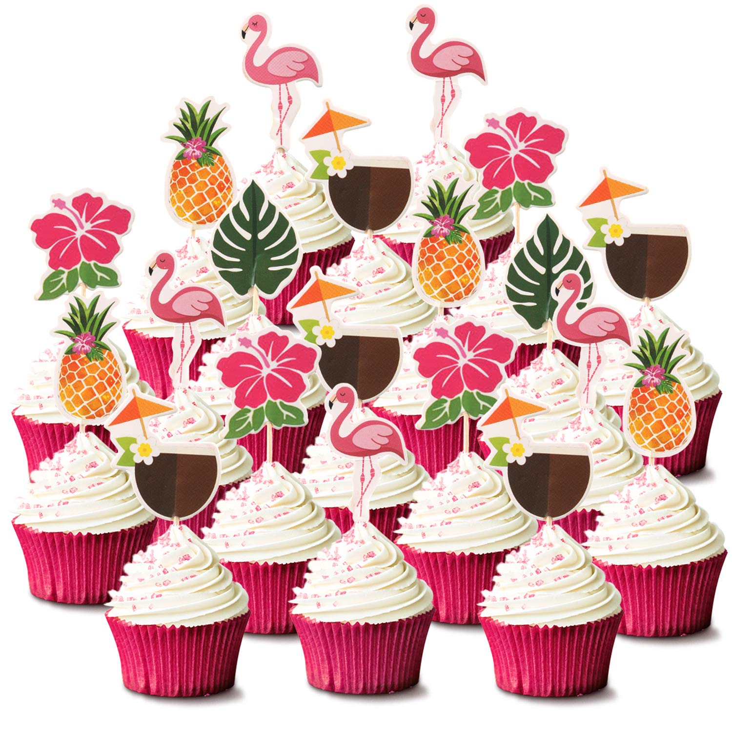 Maitys 72 Pcs Luau Cupcake Toppers Tropical Cake Decorations Hawaiian Toothpicks with Flamingo Pineapple Palm Leaves Shape Picks for Summer Beach