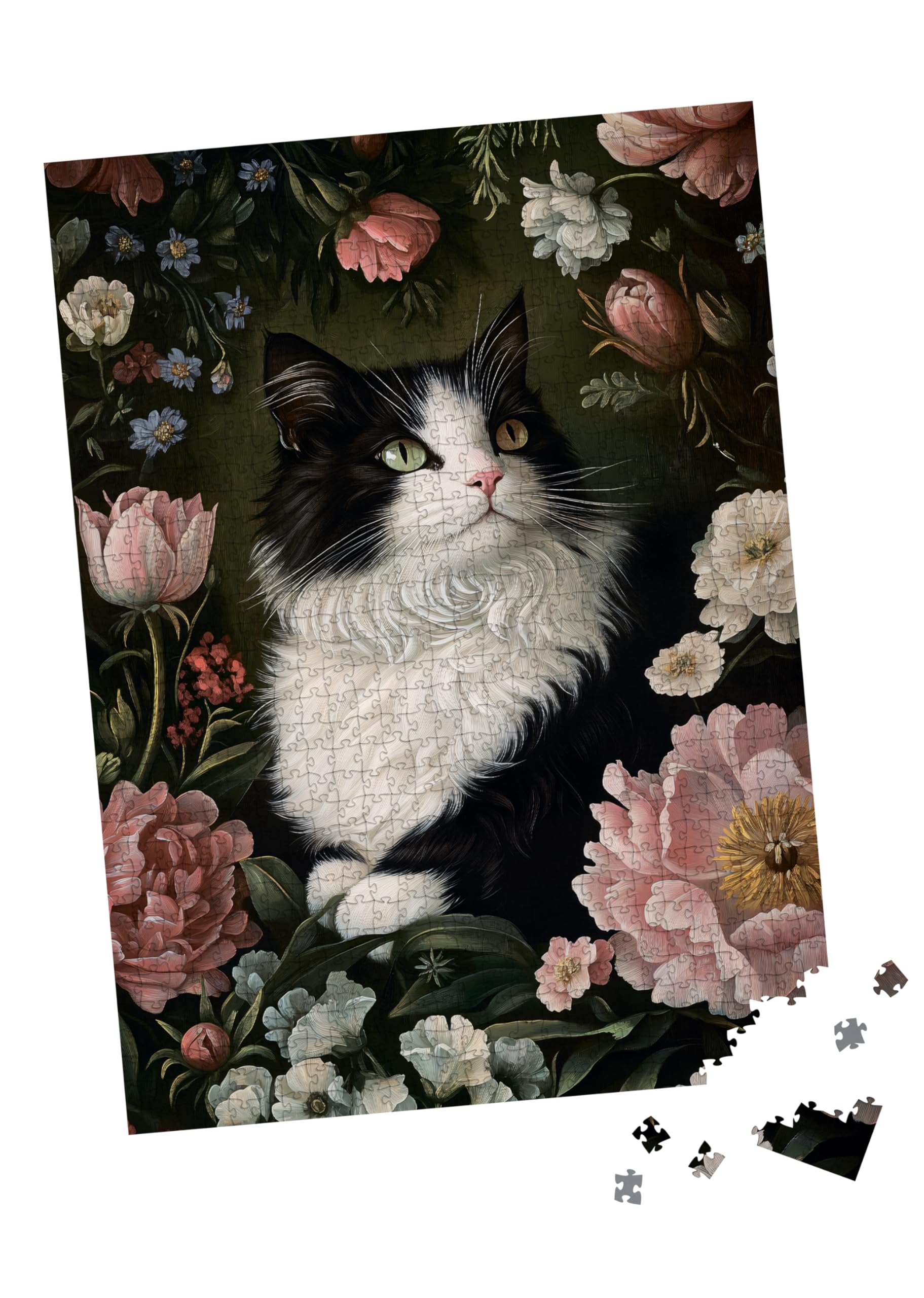 Cat in Blossoms, 1000 Piece Puzzle for Adults, Hard Challenging Jigsaw Puzzle with Bonus Poster Included. Vintage Cat and Flowers Puzzle. TumbaUmba