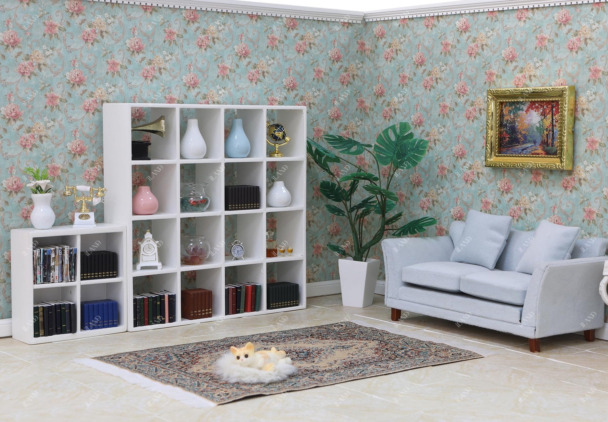 iLAND Doll House Accessories and Furniture 5pcs Trinket Display Shelf with Miniature Vase Dollhouse Furniture and 1/12 Scale Accessories Mini