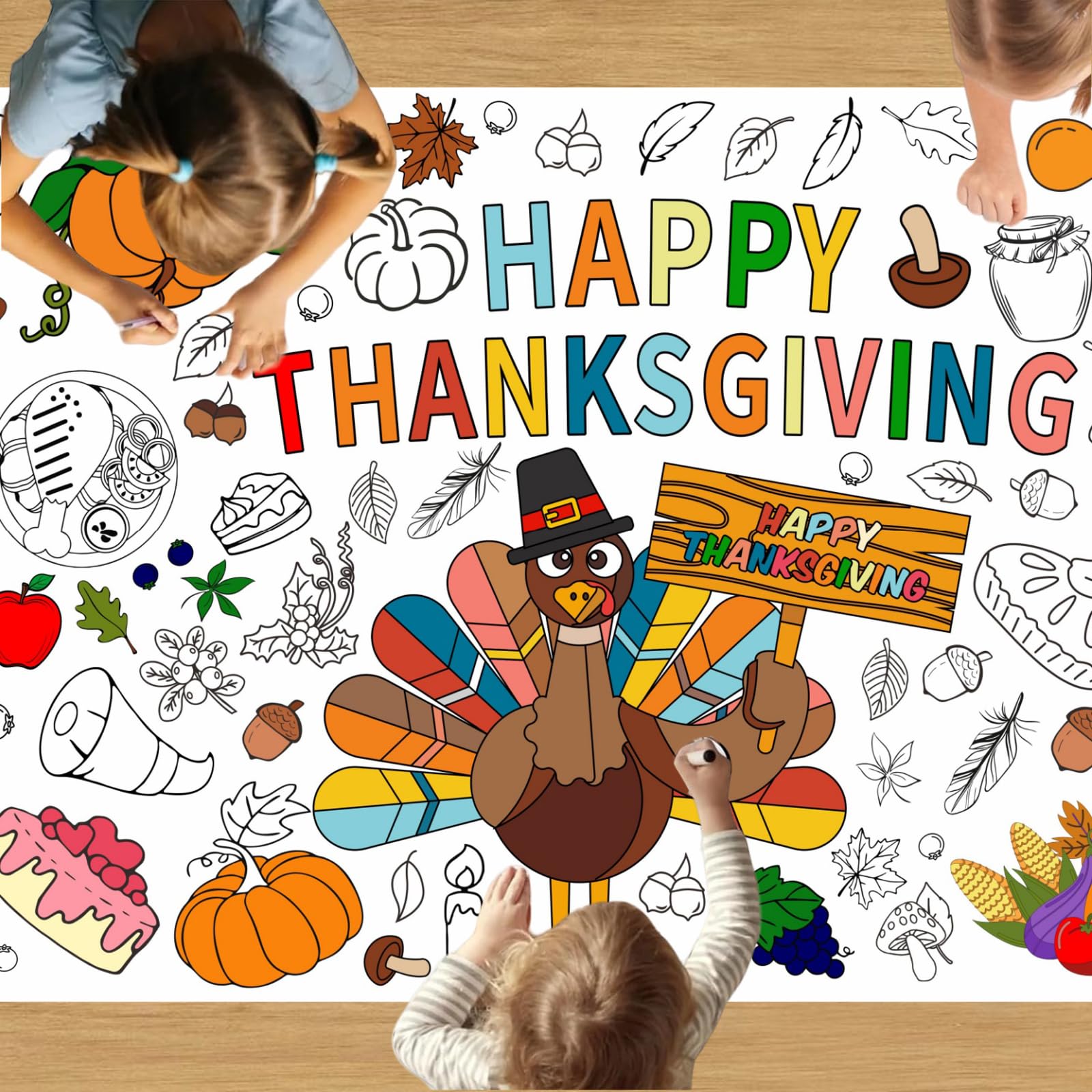 Hoblynth Giant Thanksgiving Coloring Table Cloth for Kids Large Thanksgiving Posters to Color Jumbo Coloring Tablecloth Crafts Thanks Giving Party