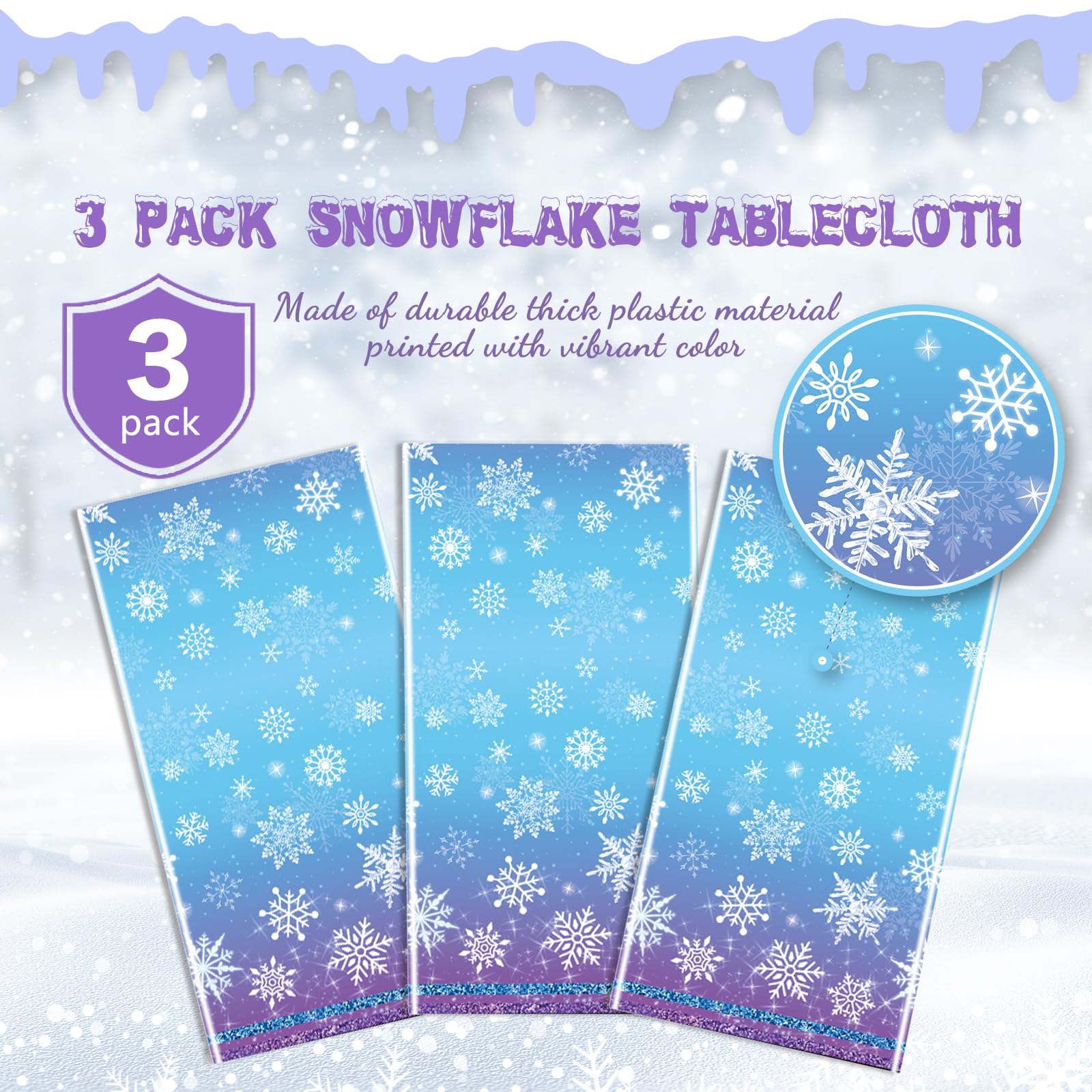 JQSSHXB 3Pcs Winter Snowflake Tablecloth, Frozen Wonderland Plastic Table Cloth, Blue and Purple Snowflake Winter Wonderland Disposable Table Cover