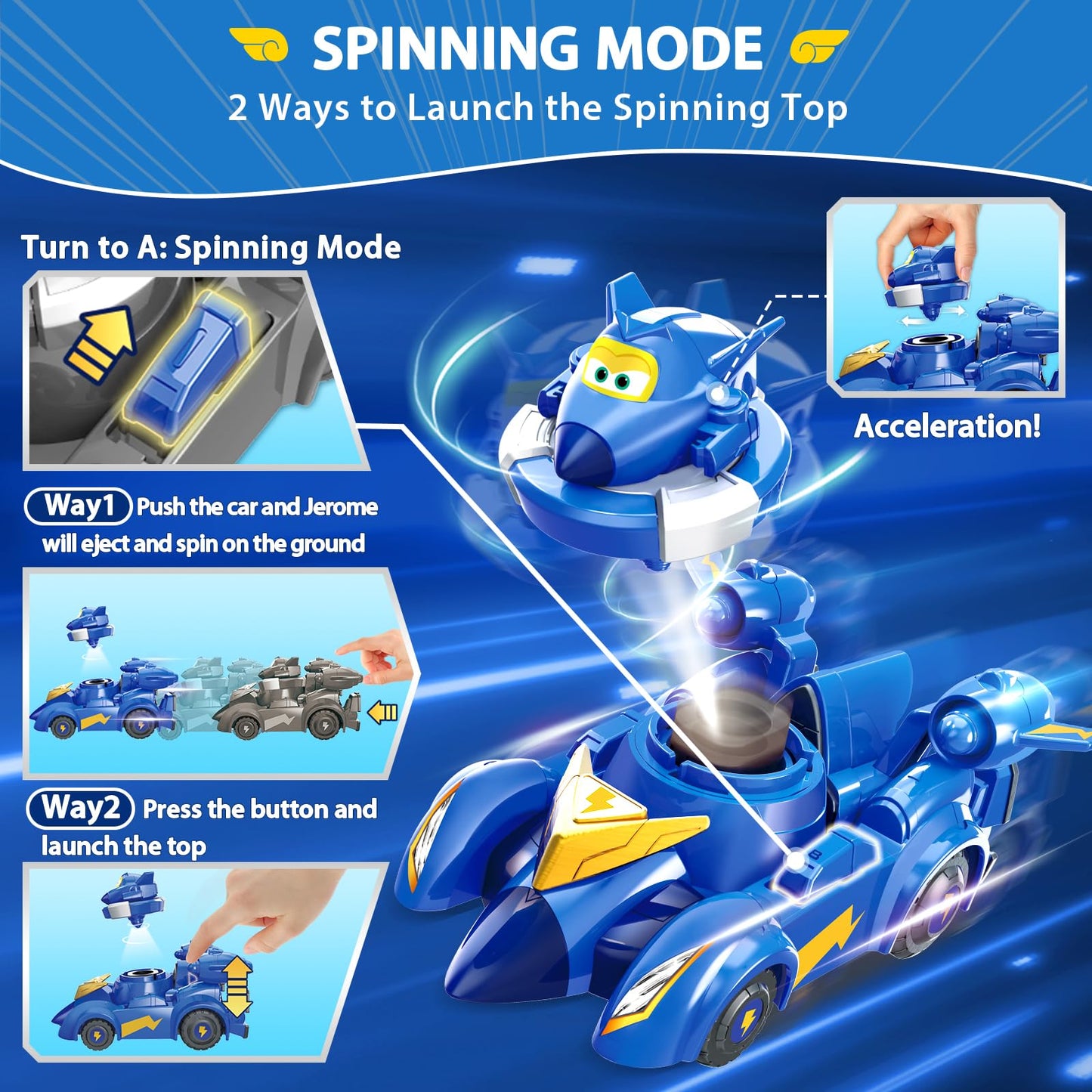 Super Wings Race Car Toys, 5 in Jerome Spinning Tops and Race Car Toys for Kids, 2-in-1 Mode Vehicle Toys Cars for 3 4 5 6 7 8 Year Old Boys