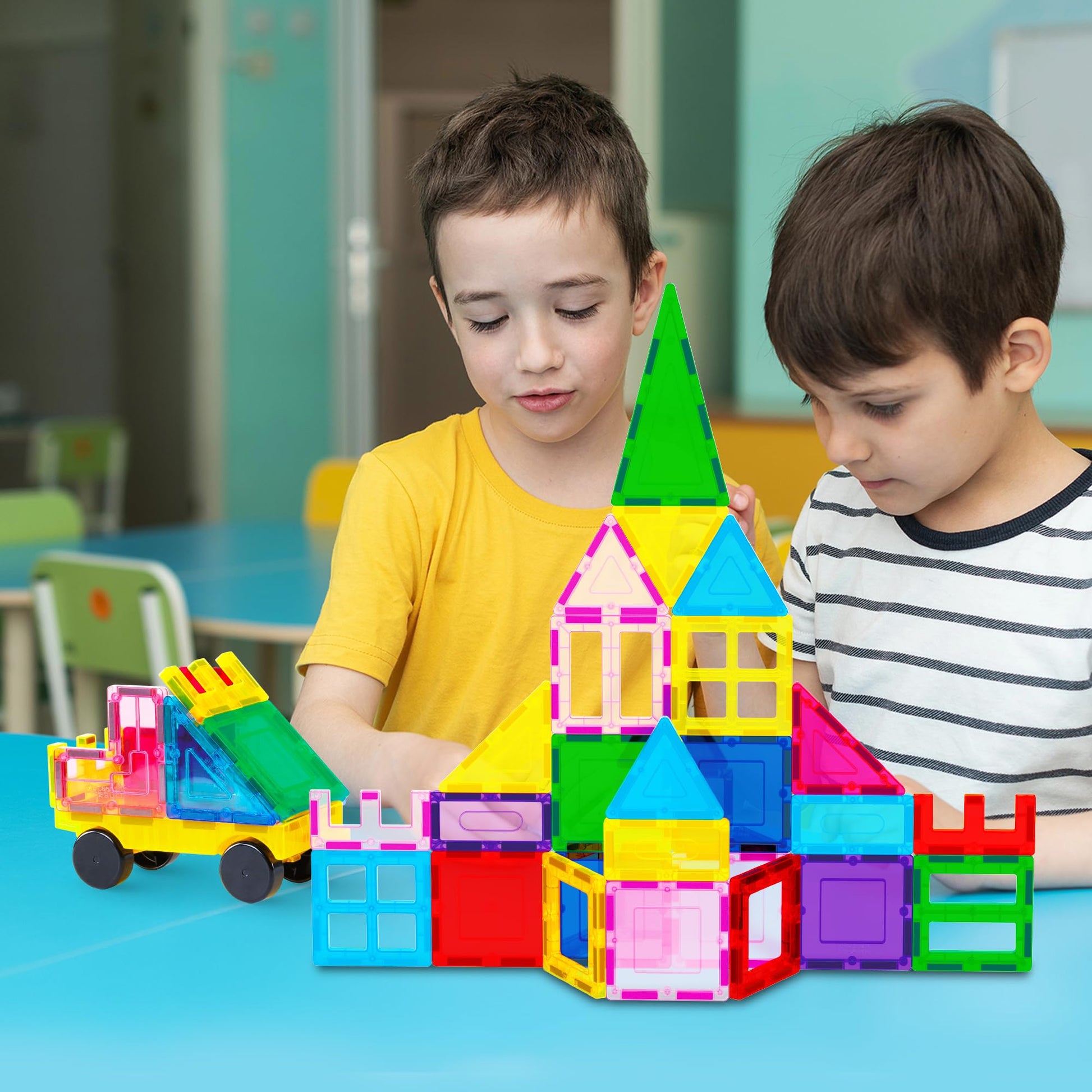 PicassoTiles 101 PCs Magnetic Tiles Building Blocks with Car & Drawstring Carry Bag Toy Storage Magnet Block for Toddlers Kids STEM Toy Set