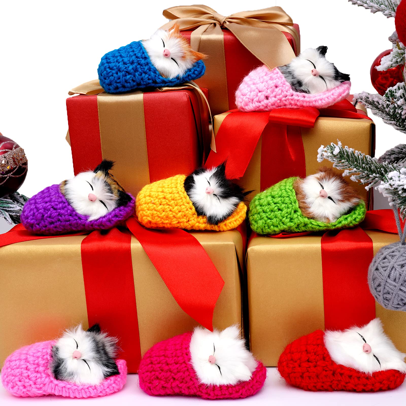 Coolayoung 8 Pieces Sleeping Cats in Slipper Dolls Mini Fluffy Kittens with Meows Sounds Sleeping Kitten Toy Decors for Home Table Car Decor Kids