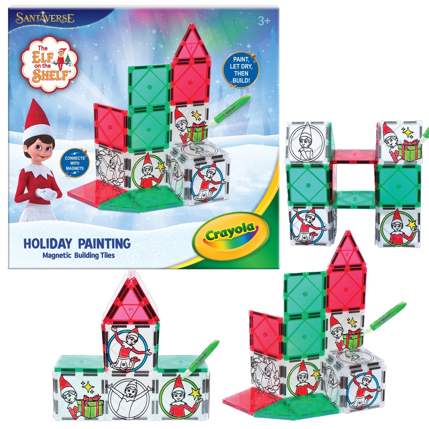 CreateOn Crayola Elf on the Shelf Paint On Tiles, Magnetic Building Tiles Kit with Crayola Paint Tubes | Christmas Holiday Craft Toy | 18-Piece