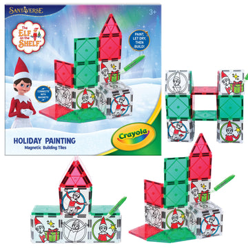 CreateOn Crayola Elf on the Shelf Paint On Tiles, Magnetic Building Tiles Kit with Crayola Paint Tubes | Christmas Holiday Craft Toy | 18-Piece