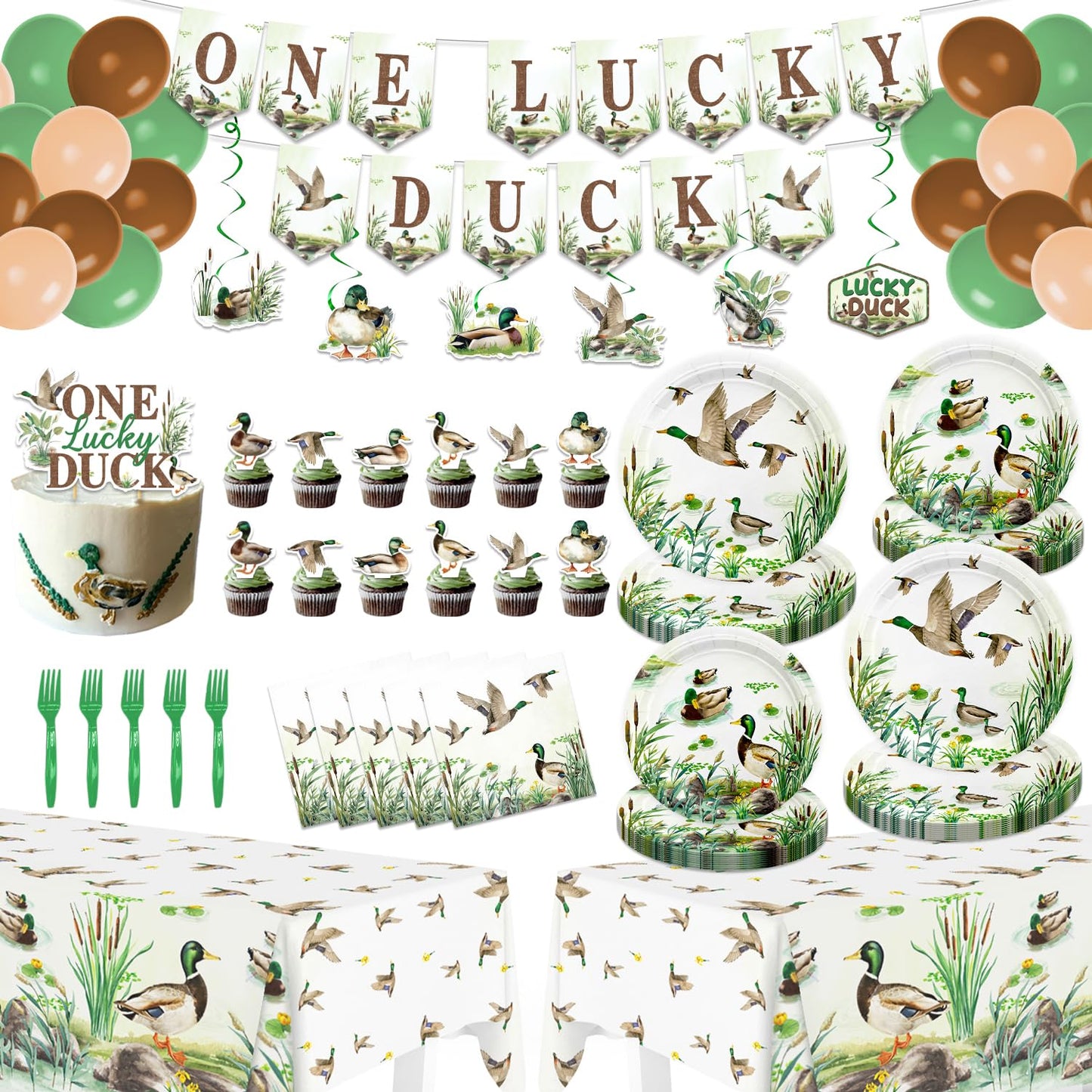 One Lucky Duck Birthday Decorations - 120PCS Mallard Duck Baby Shower Decorations with Banner, Hanging Swirls, Balloons, Tablecloths, Plates, Napkins