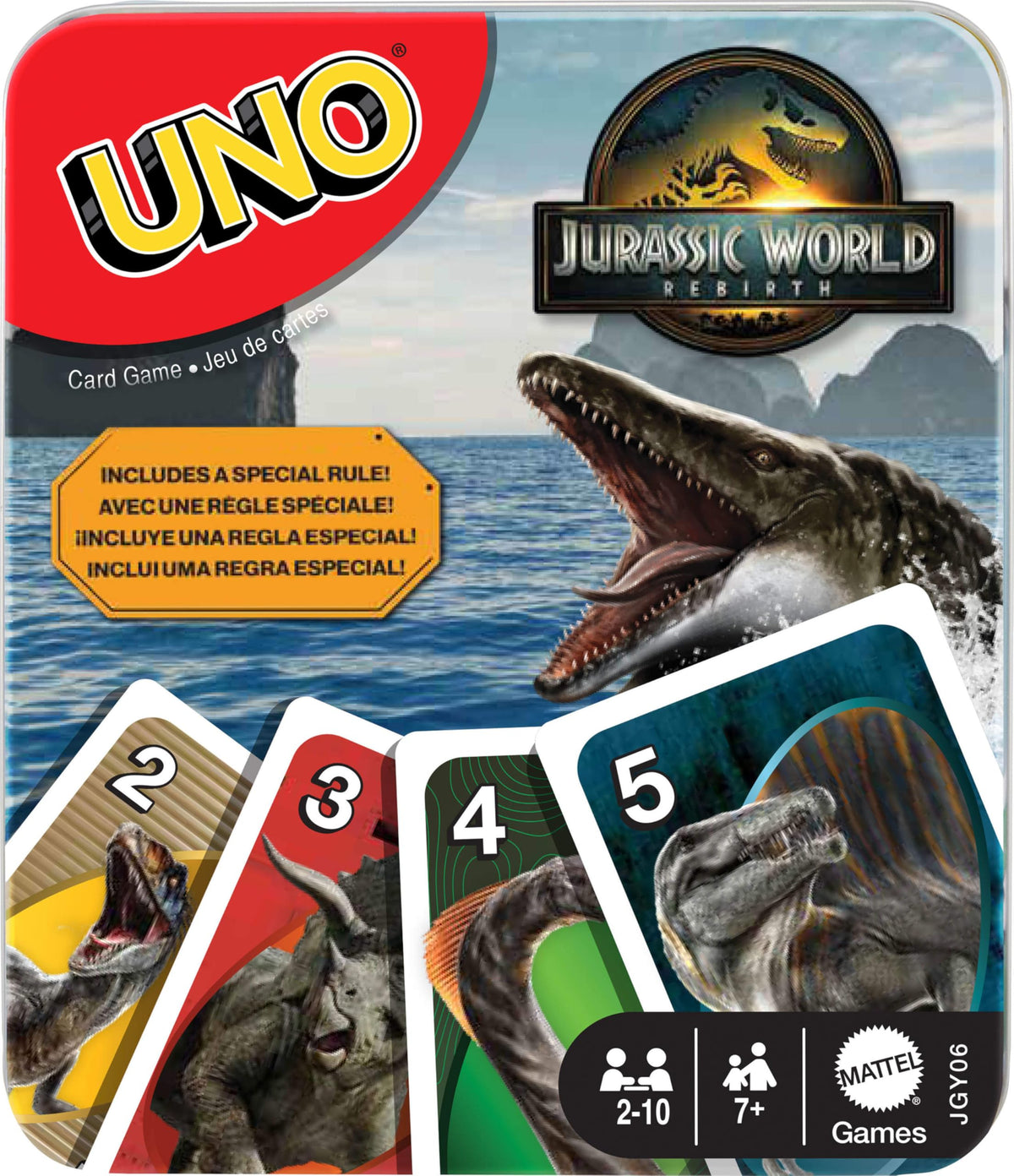 Mattel Games UNO Jurassic World Rebirth Card Game in a Collectible Tin for Kids, Adults & Family with Special Rule & Images Inspired by the Movie