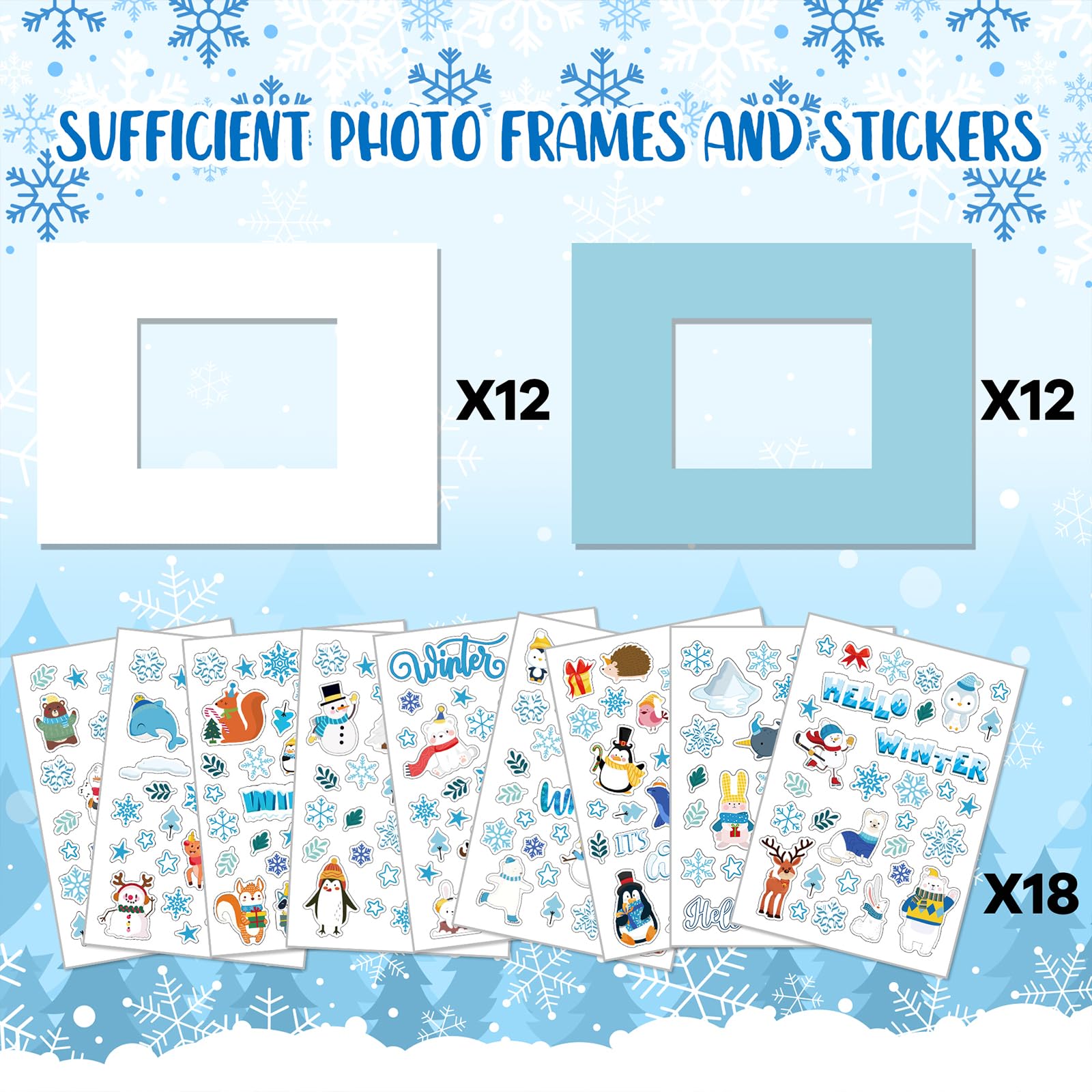Hayux DIY Craft Kits for Kids - 24 Packs DIY Winter Wonderland Photo Frames Set with Stickers Paper Picture Frames Funny Winter Gifts Craft