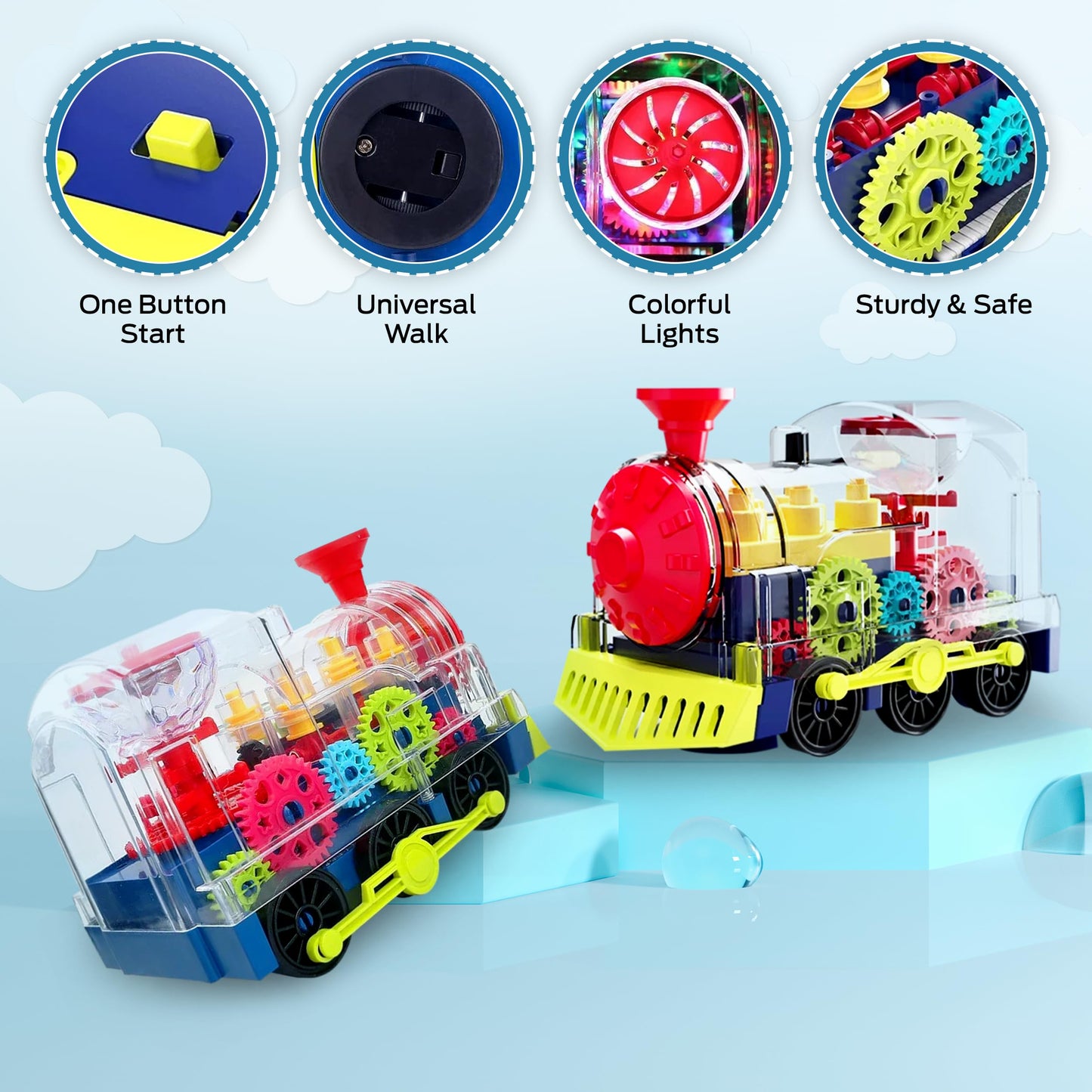 TOOTY TOY Light Up Transparent Gear Train Toy for Toddlers, Musical LED Crawling & Tummy Time Baby Toy, Educational Sensory Toys for Infants, Boys