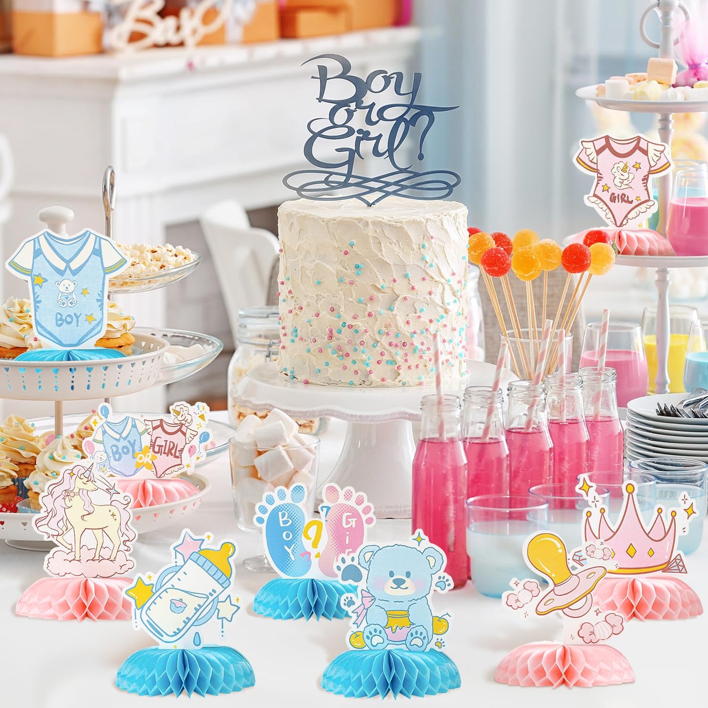 Gender Reveal Honeycomb Centerpieces Set - 9 PCS Baby Shower Table Decorations with Unicorn, Bear, Bottle, Pacifier & Crown Designs, Includes Clear