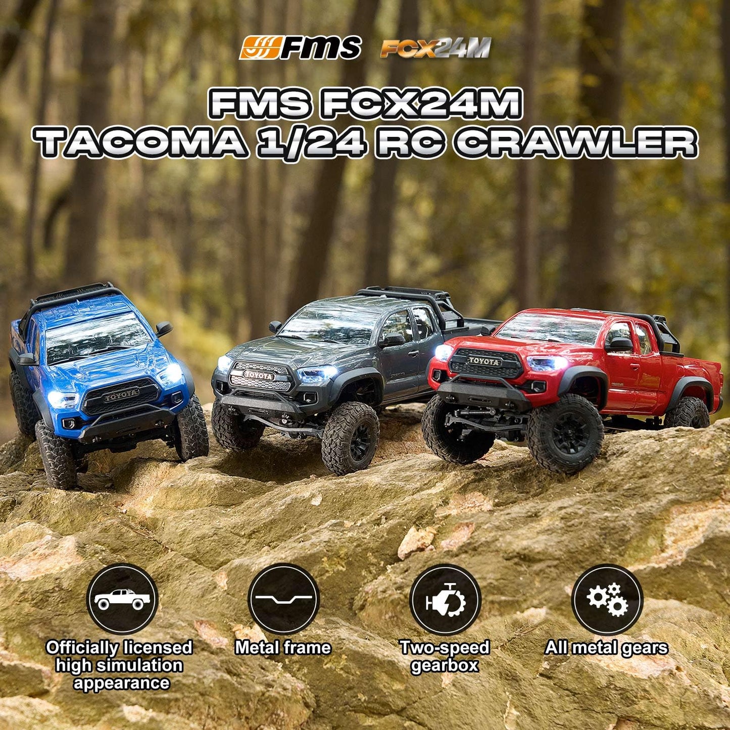 FMS FCX24 TOYOTA TACOMA 1/24 RC Crawler 4x4 RC Truck Crawler, Official Licensed Scale RC Rock Crawler with 2-Speed Transmission, High Torque Motor