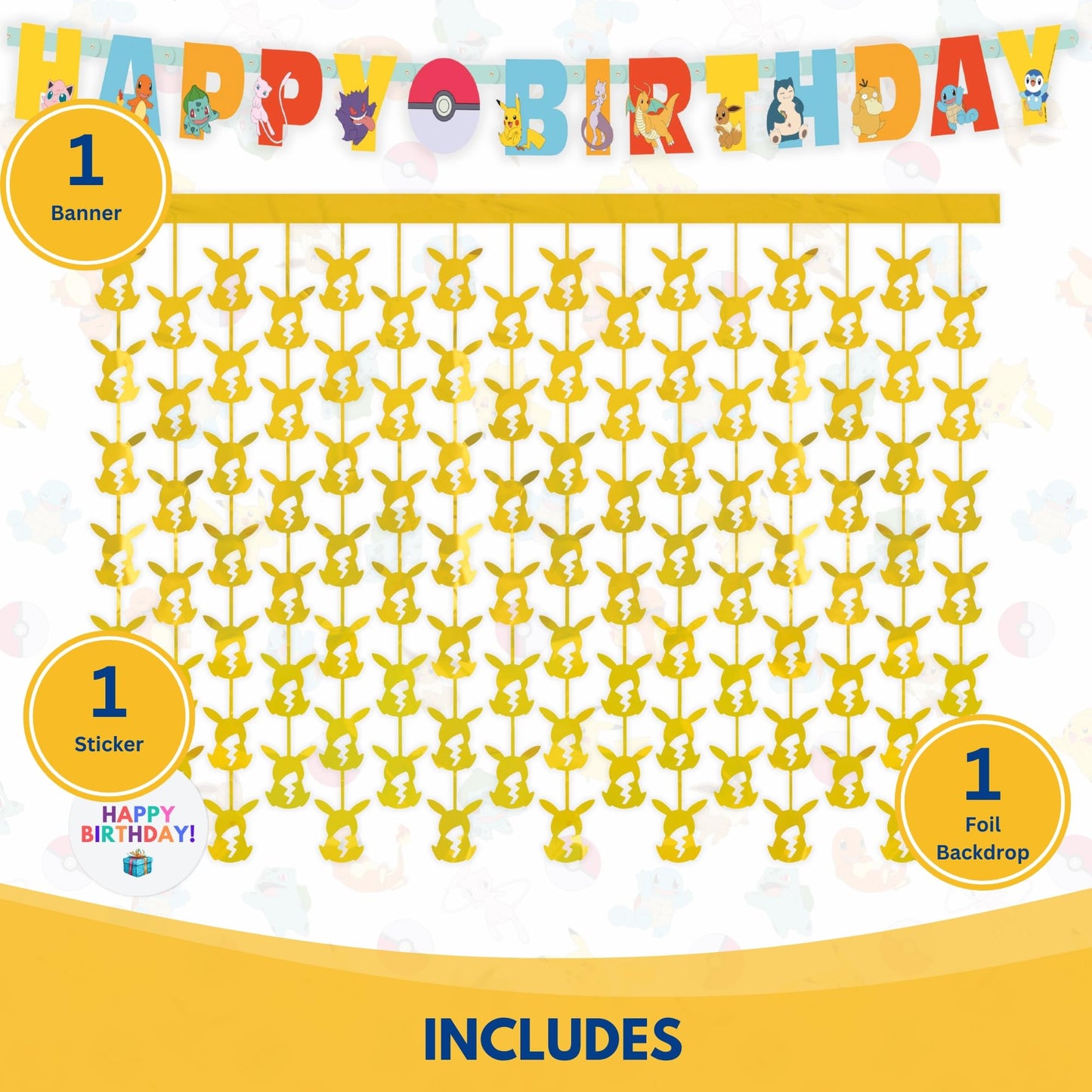 Pokemon Birthday Banner and Hanging Foil Backdrop - Pokemon Birthday Decorations - Themed Party Supplies - Officially Licensed