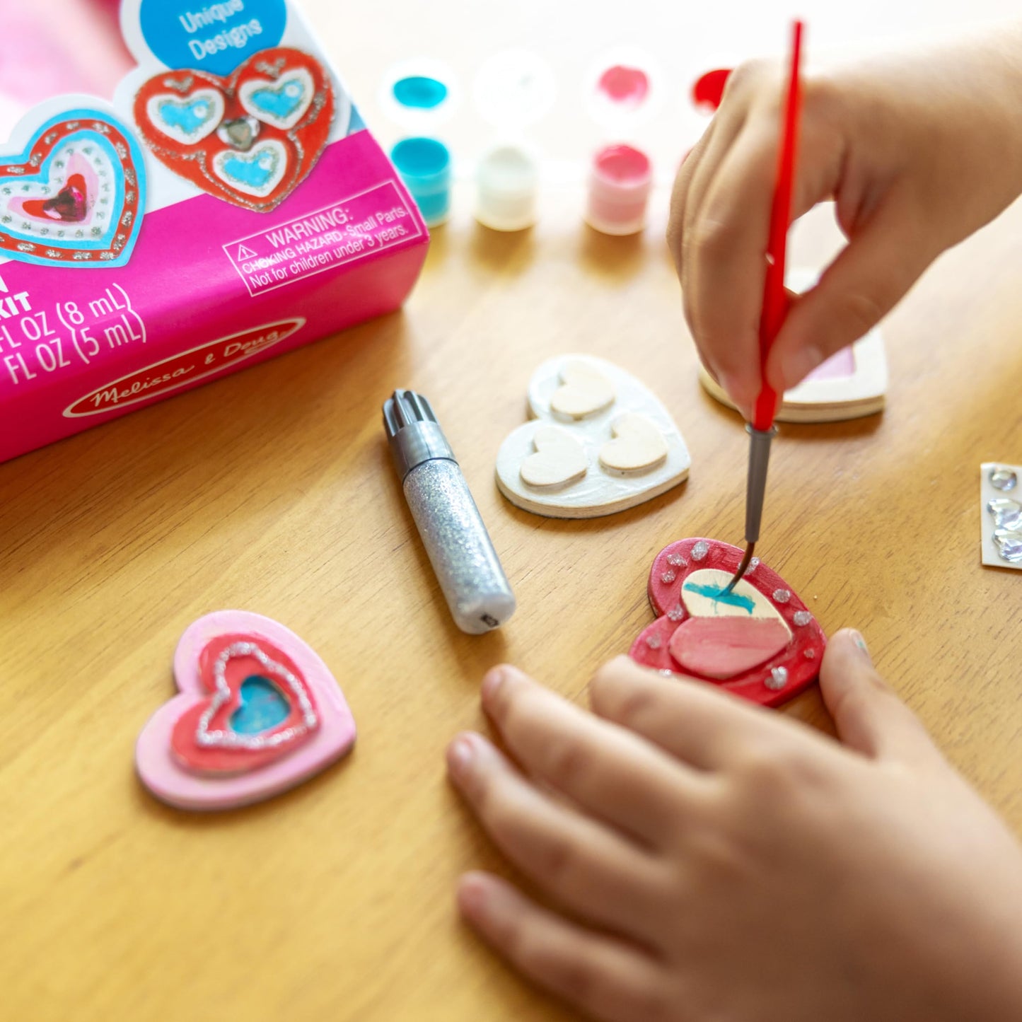 Melissa & Doug Created by Me! Wooden Heart Magnets Craft Kit (4 Designs, 4 Paints, Stickers, Glitter Glue) 8.75 x 5