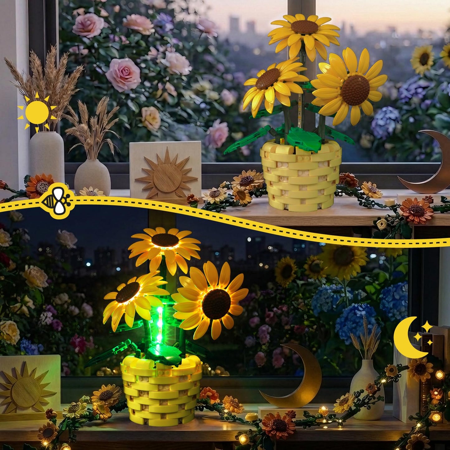 Sunflower Building Set with Motion Sensing LED Light- 465 PCS Botanical Collection Potted Plant Compatible with Lego, Artificial Flower Blocks