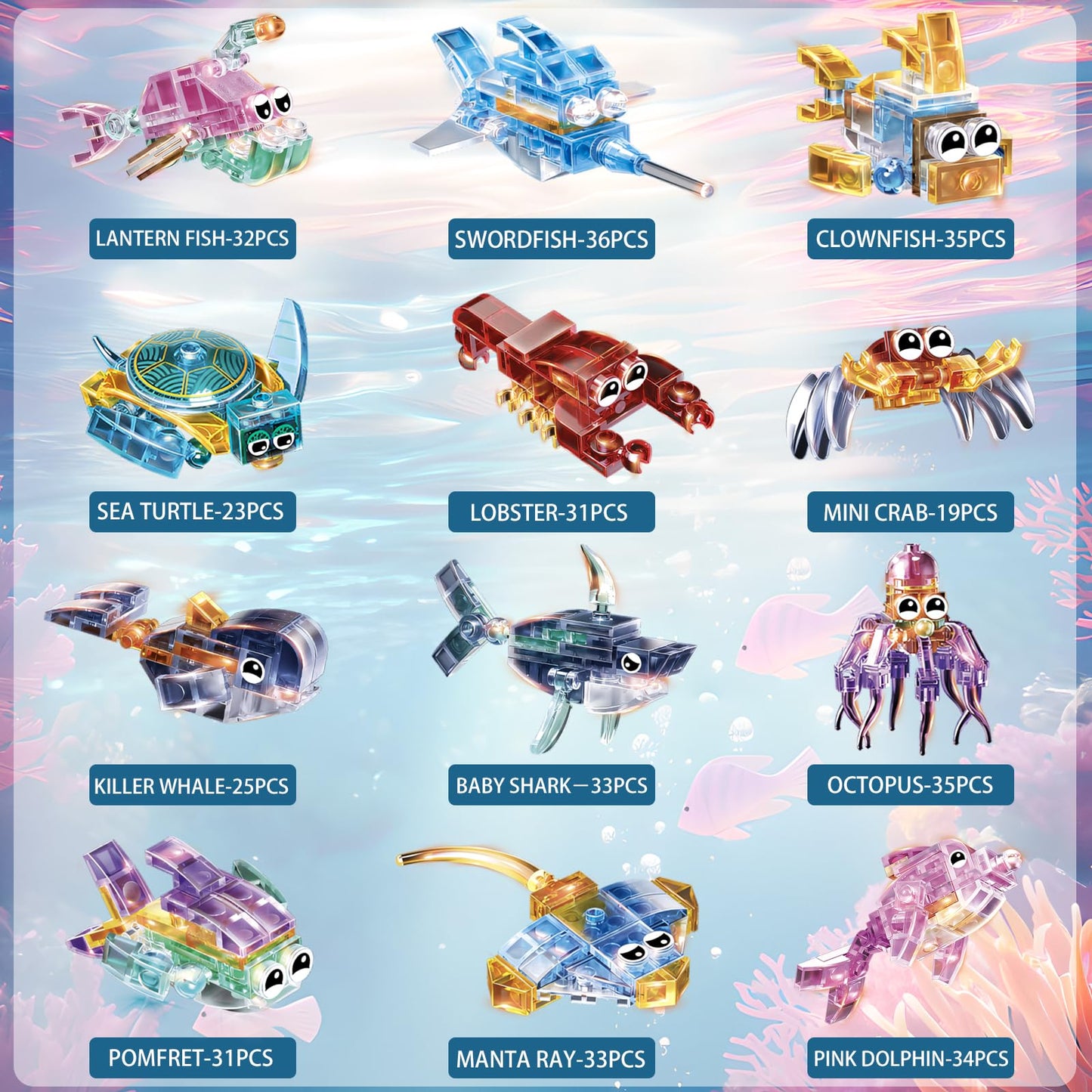 YCJZXMS 12 Piece Set of Marine Animal Building Blocks, Suitable for Goodie Bags, Stocking Stuffer, Classroom prizes, Birthday Gifts, Boys' and Girls'