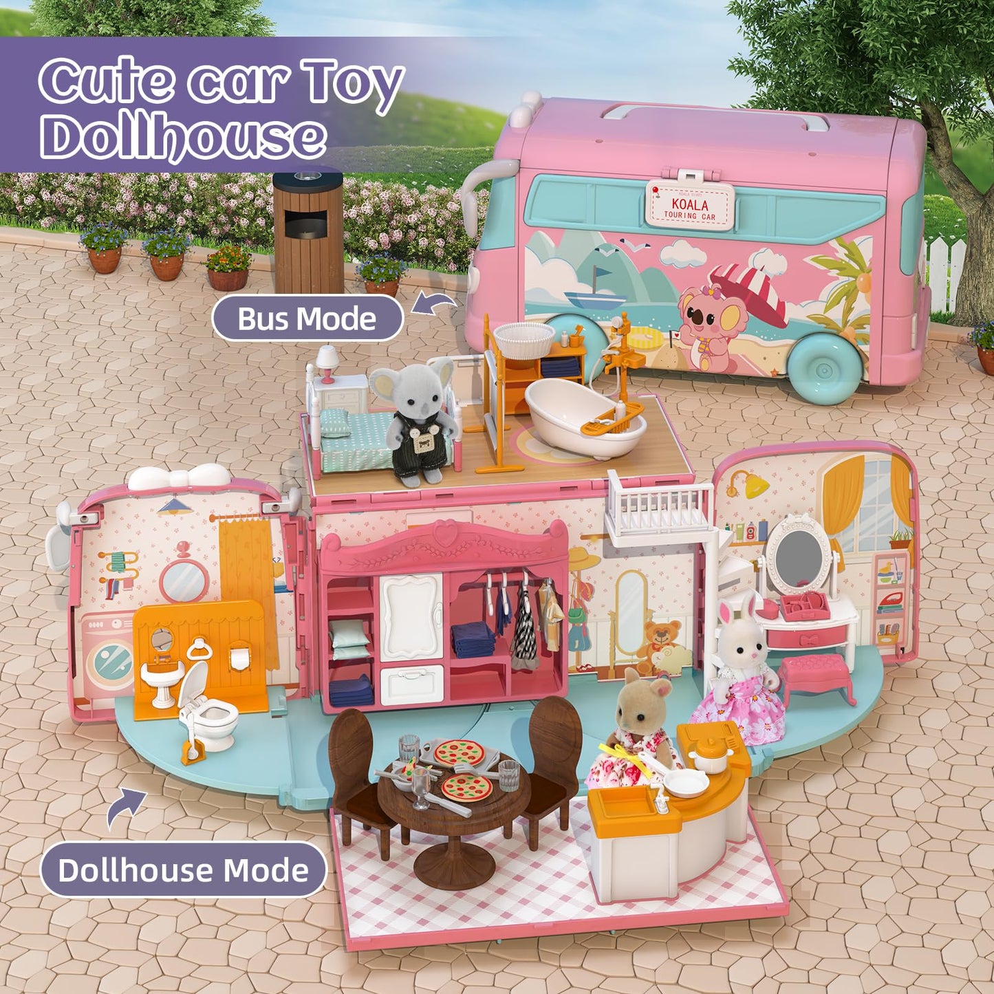 MITCIEN Dollhouse Playset, DIY Pretend Portable Caravan Camper Bus Toy Kit with Little Critters Bunny Dolls Mini Cottage House Set Camping Family Toys