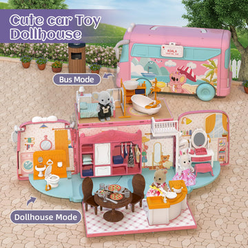 MITCIEN Dollhouse Playset, DIY Pretend Portable Caravan Camper Bus Toy Kit with Little Critters Bunny Dolls Mini Cottage House Set Camping Family Toys