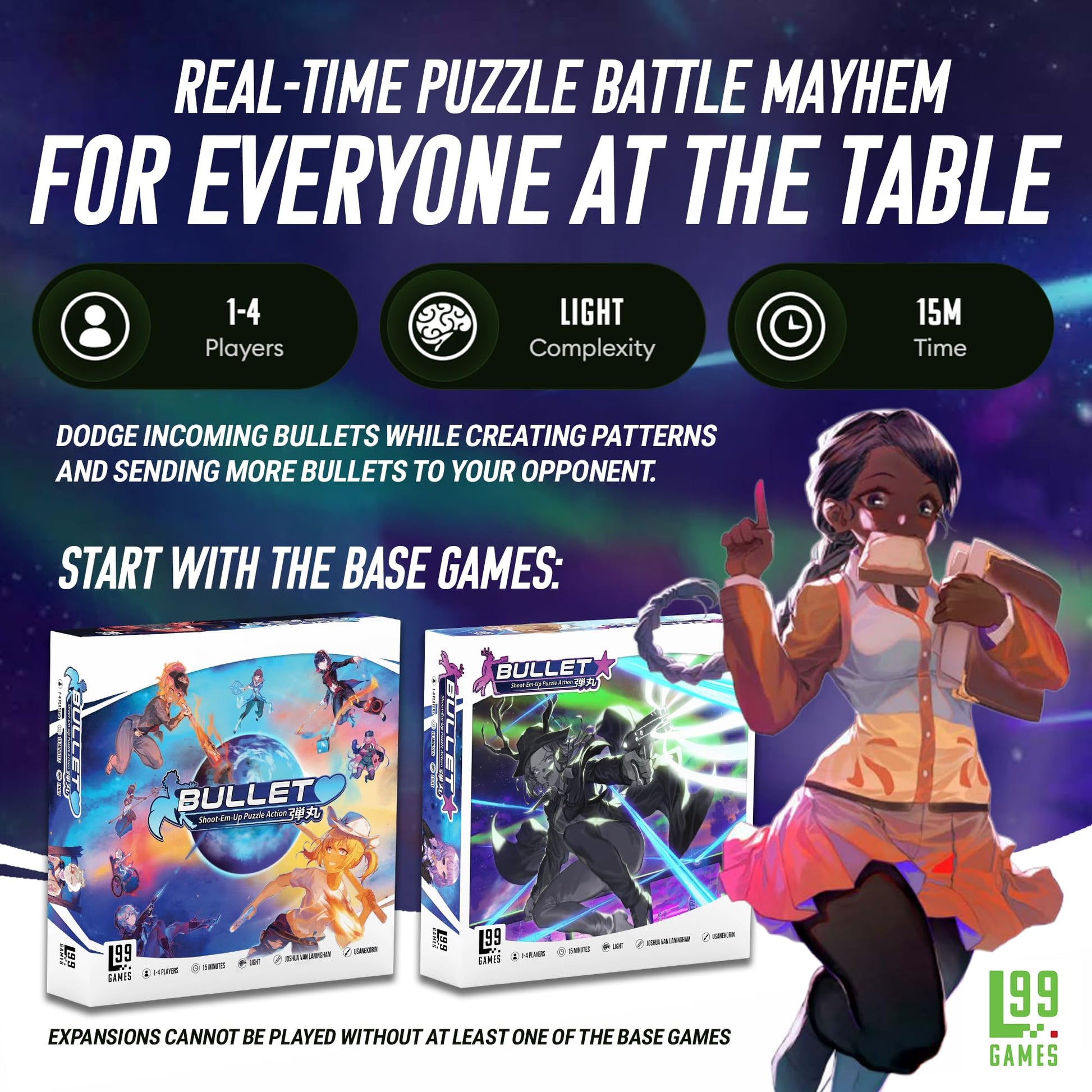 Bullet Heart - Puzzle-Battle Tabletop Game for 1-4 Players - 8 Heroines, Unique Powers, 4 Game Modes