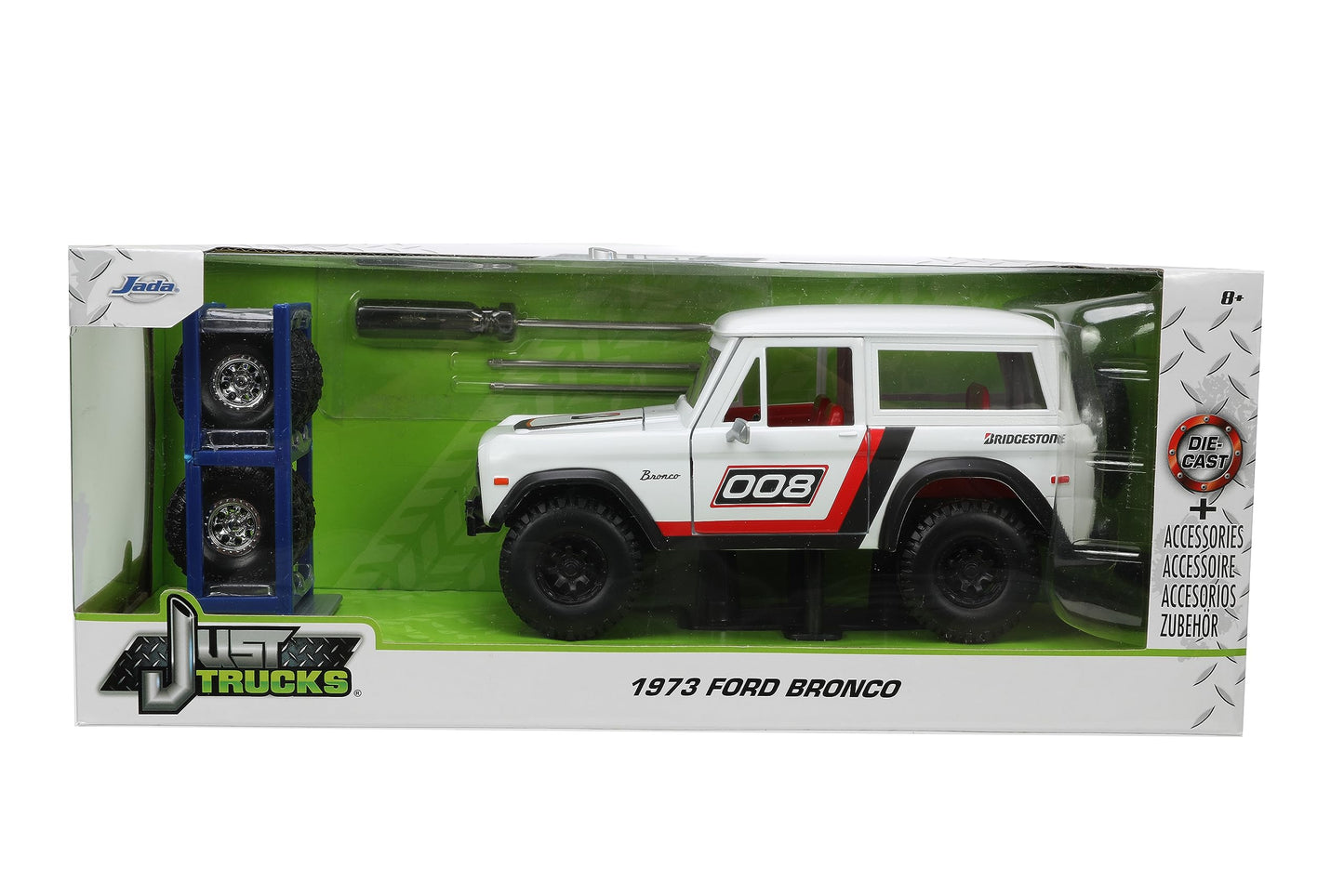 Jada Just Trucks 1:24 1973 Ford Bronco Bridgestone Die-Cast Truck & Tire Rack, Toys for Kids and Adults(White/Red)