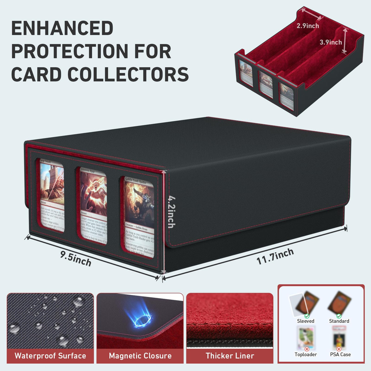SENVINI 3-Row Trading Card Storage Box, Bulk Cards Case for 2400+ Mtg tcg Magic Playing Game Card Organizer, Commander Deck Box with 3 Supports & 24
