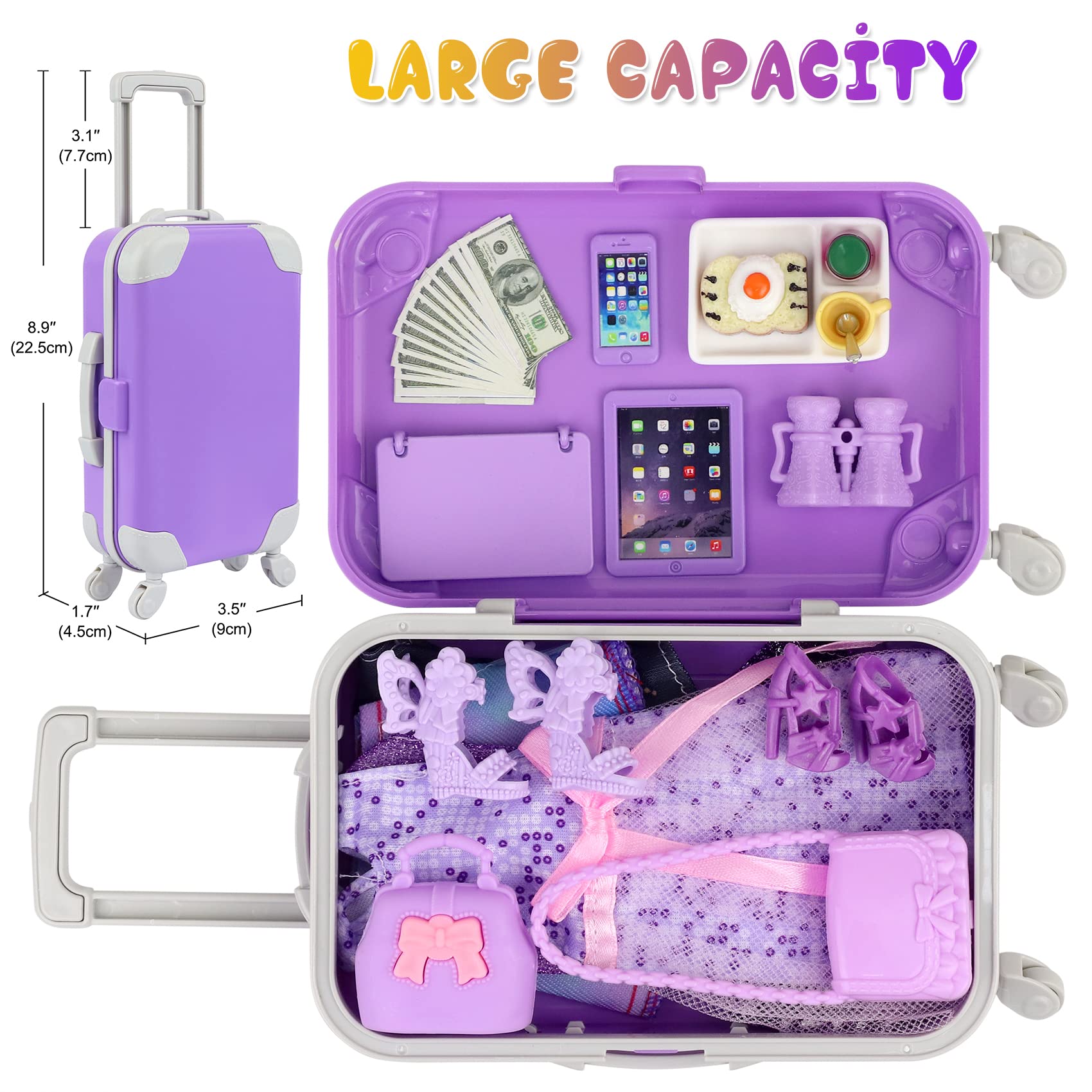 18INDC 17 Pcs Doll Clothes and Accessories Suitcase Travel Set - Miniature Laptop Computer Tablet Phone, Suitcase,Backpack Bag,Clothes
