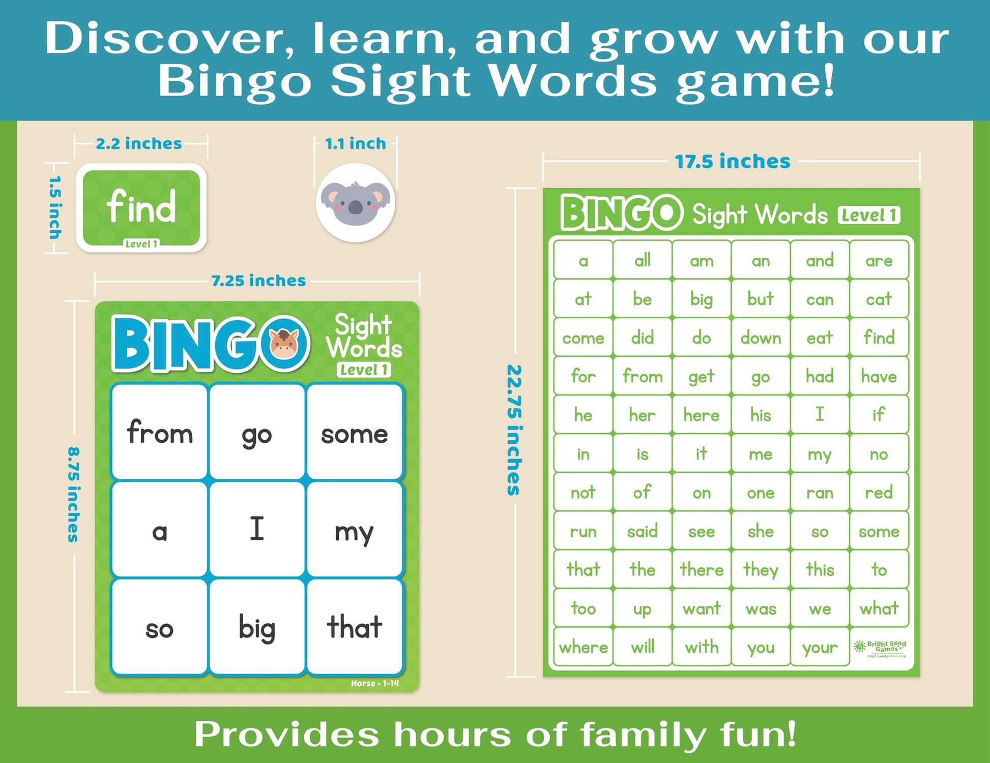 Bright Seed Sight Words Bingo Game, Learn to Read - Level 1 & 2