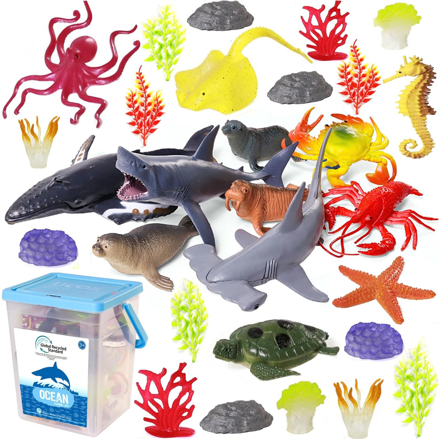 BIWASE Ocean Sea Animal Figure Toys for Kids 3-5, Realistic Sea Life Figures Animal Creature Sand Toys Beach Bath Playset Include Shark Whale Corals