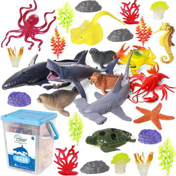 BIWASE Ocean Sea Animal Figure Toys for Kids 3-5, Realistic Sea Life Figures Animal Creature Sand Toys Beach Bath Playset Include Shark Whale Corals