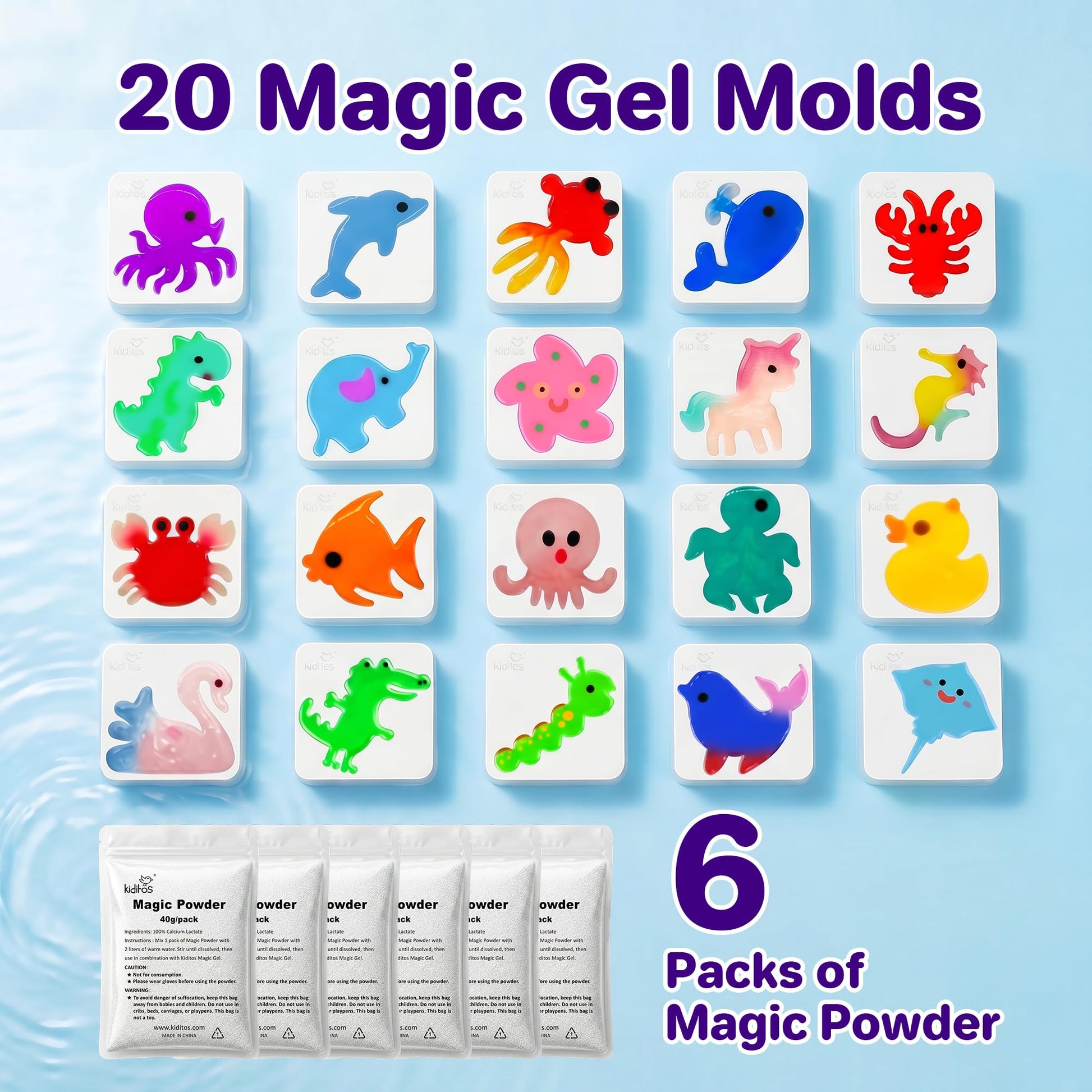 Kiditos Magic Water Elf Toy Kit-Squishies for Kids, 25 Gels & 20 Molds, Magic Gel Water Pets Sensory Toy, Fun DIY Craft Kit, Party Favors, Birthday