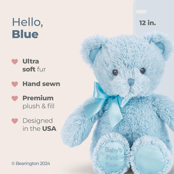 Bearington Blue Teddy Bear - 12" Fluffy and Cuddly My First Teddy Bear Companion with Premium Plush and Soft Fur - Adorable Stuffed Animal for Baby