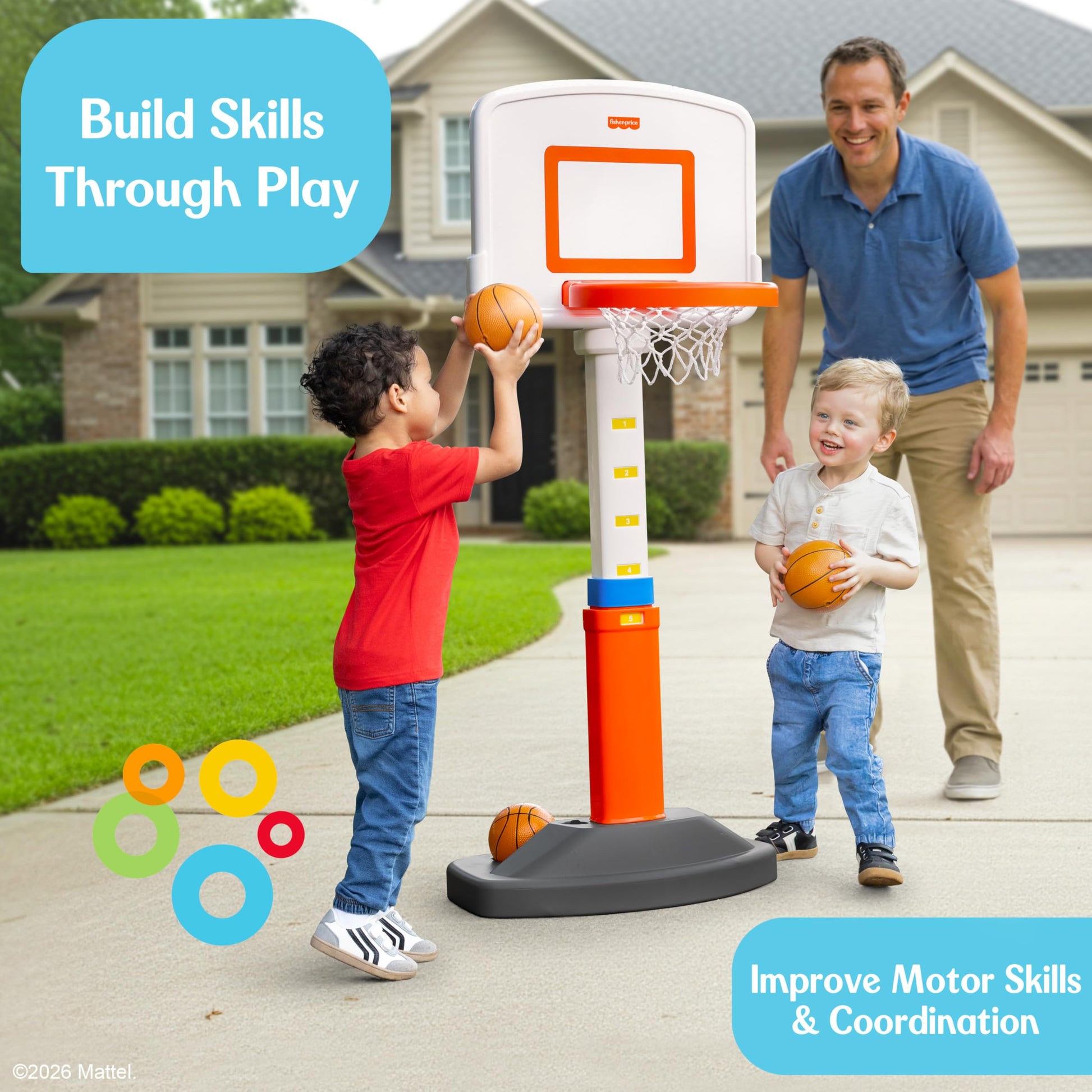 Fisher-Price™ Grow-to-Pro Basketball Hoop for Toddlers & Kids - Adjustable Height Indoor/Outdoor Play Set with Ball, 18 Months - 5 Year