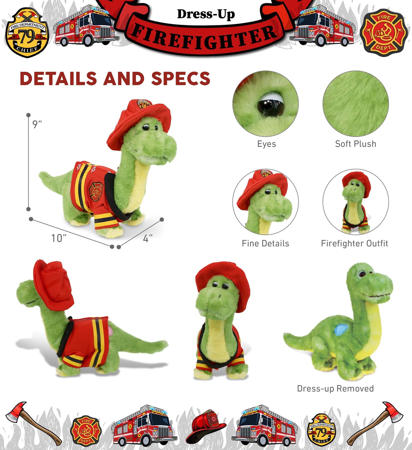 DolliBu Green Dinosaur Firefighter Stuffed Animal with Name Personalization - Super Soft Dinosaur with Red Fireman Costume Outfit and Fireman Hat